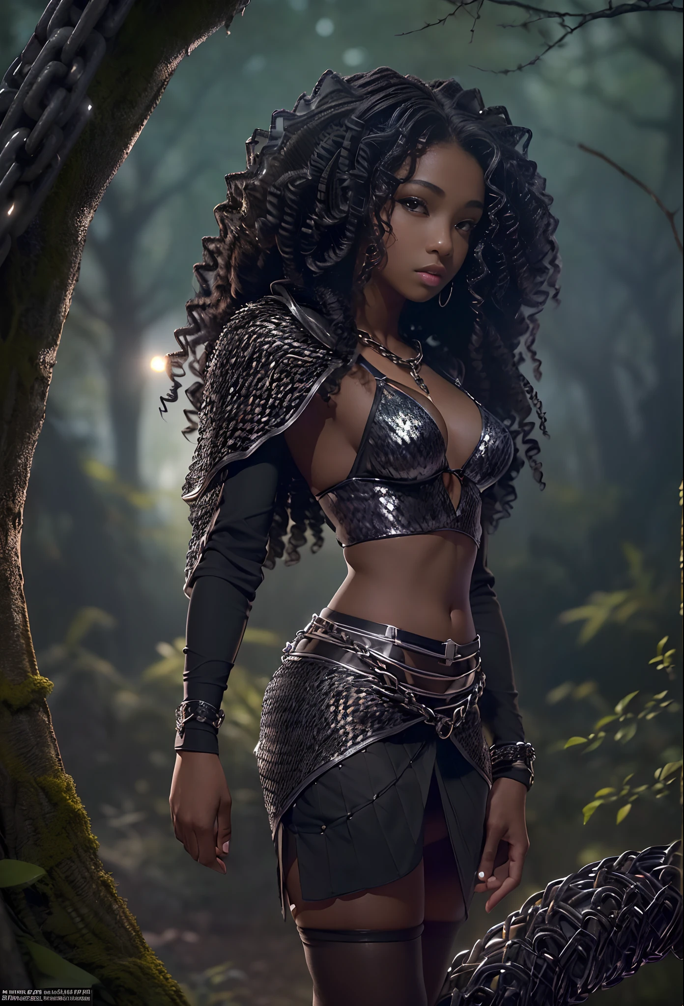 ((17-year-old))), black girl, (((light skin))), (((full body pose))),  (((long curly black hair))), (((wearing tight chainmail micromini skirt, chainmail bra, open front cloak))), (((seamless, black, pantyhose))), standing in the dark woods at night, moonlight shining through the dense canopy, dark castle in the background, dark fantasy, Rich, Deep Colours, (intricate details:0.9), (HDR, hyper-detailing:1.2), (natural skin textures, hyper realisitc, glistening skin, soft light, Sharp),