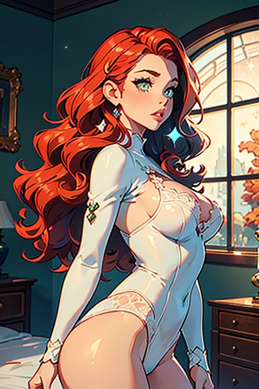 1girl in her room, Green Eyes, Sexy Underwear, Body en dentelle blanc , Lace Bodysuit , Porte Jartelle blanc , White Stokings , White Skin ,(Best quality:1.1), (Masterpiece:1.4), 1fille, (cheveux volumineux)+ , ((curly hair))++, cheveux longs, ++, (((cheveux ROUX , Redhair ))), (Yeux Verts), Long Hair,, Gros Seins, Red Hair , (big lips)+ pouty lips , peau brillante, Brillant, starry night, dans une chambre,, Fioritures,