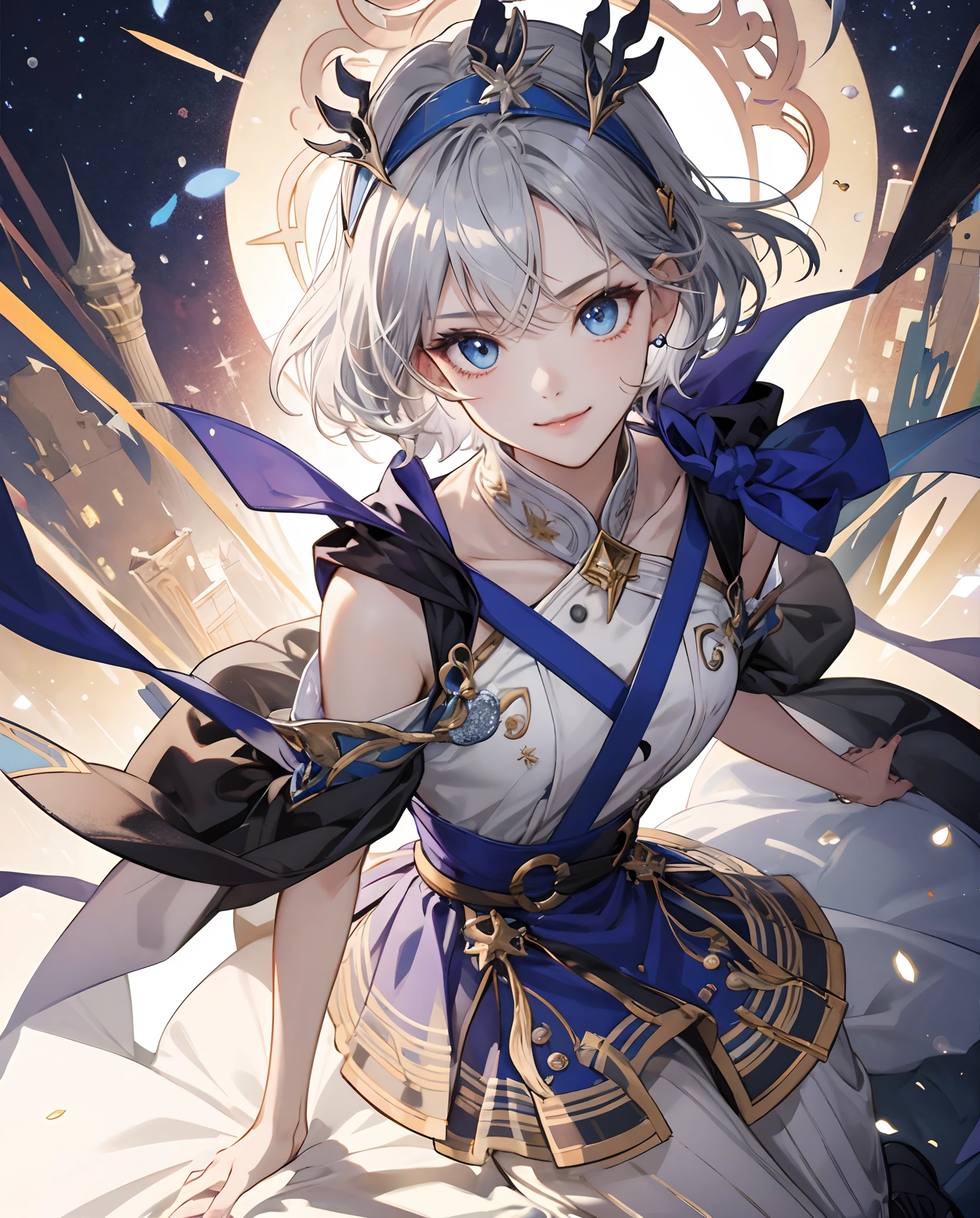 masterpiece、top-quality、超A high resolution、2D Beautiful Girl、animesque、s girl、short-haired、Silver headband、Beautiful blue eyes、The clothes are also depicted in detail、Eyes are depicted in detail、The face is depicted in detail、sorcerer、soio、Full body front、Gentle smile、hair adornments、animesque、illustratio、