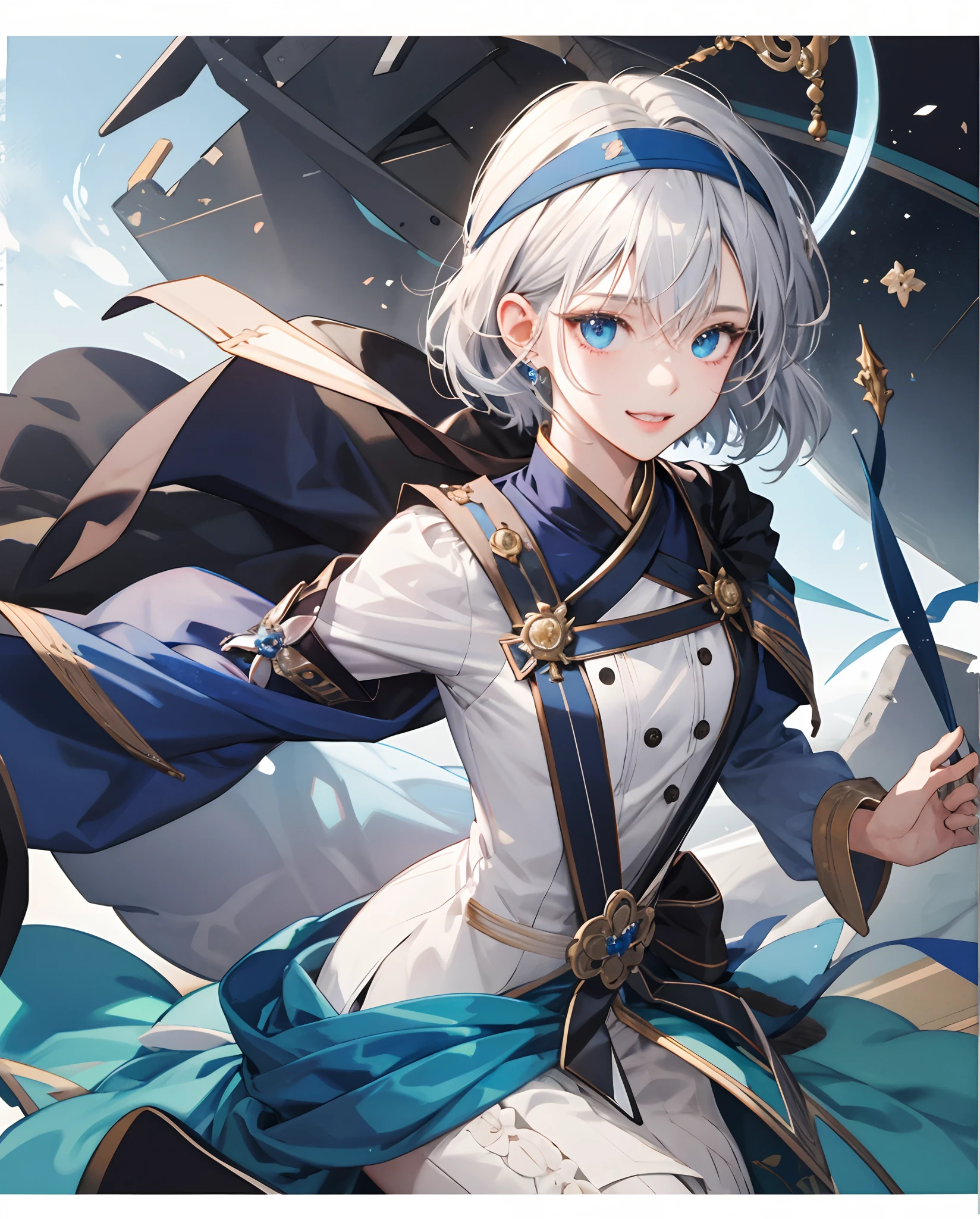 ​masterpiece、top-quality、超A high resolution、2D Beautiful Girl、animesque、teens girl、short-haired、Silver headband、Beautiful blue eyes、The clothes are also depicted in detail、Eyes are depicted in detail、The face is depicted in detail、sorcerer、soio、Full body front、Gentle smile、hair adornments、animesque、illustratio、