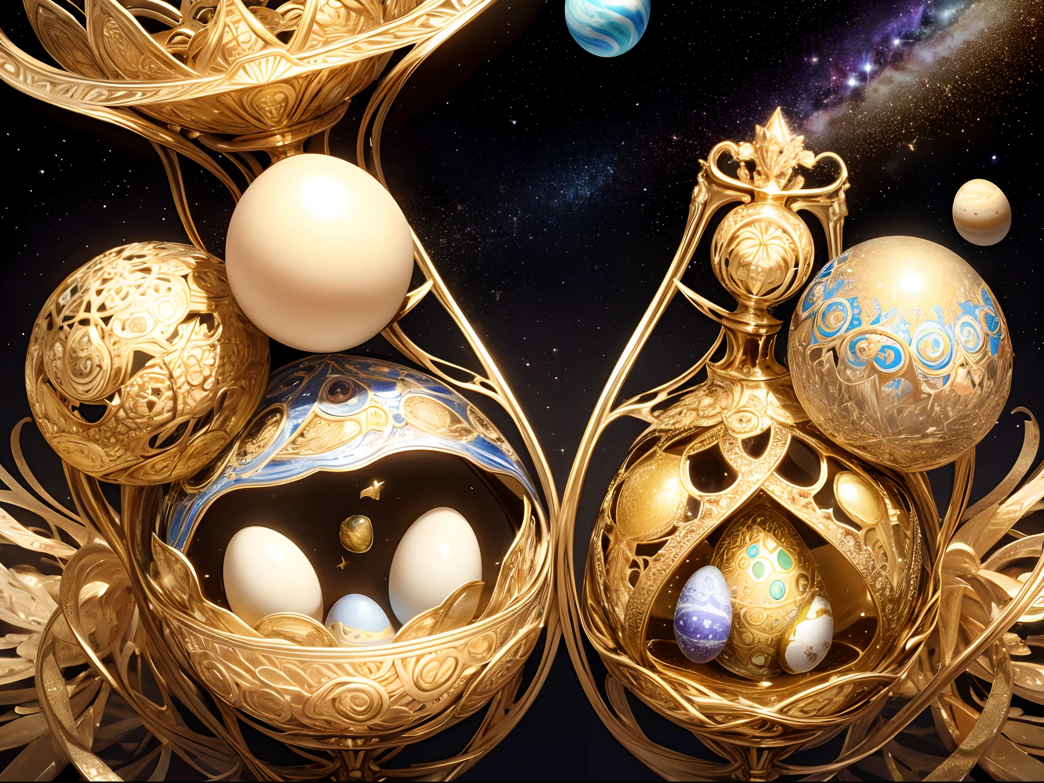 A dimension where Earth like planets are hatched from eggs covered in gold, silver and jewels laid out in fractal patterns, As the eggs hatch the planets are sent into different dimensions