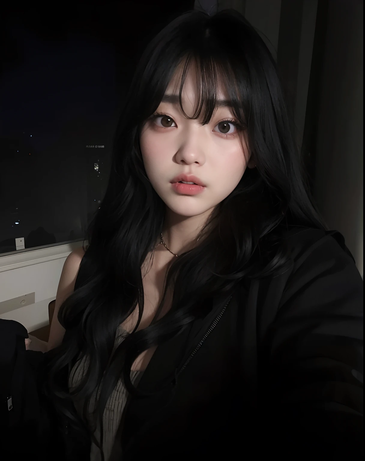 mulher arafed com cabelo preto longo e uma jaqueta preta, Ulzzang, cruel korean goth girl, Ela tem cabelo preto com franja, menina coreana, pale round face, com cabelos longos, cabelos longos com franja, wan adorable korean face, Mulher sul-coreana bonita, com franja, young adorable korean face, cabelo comprido com franja completa, Sakimichan