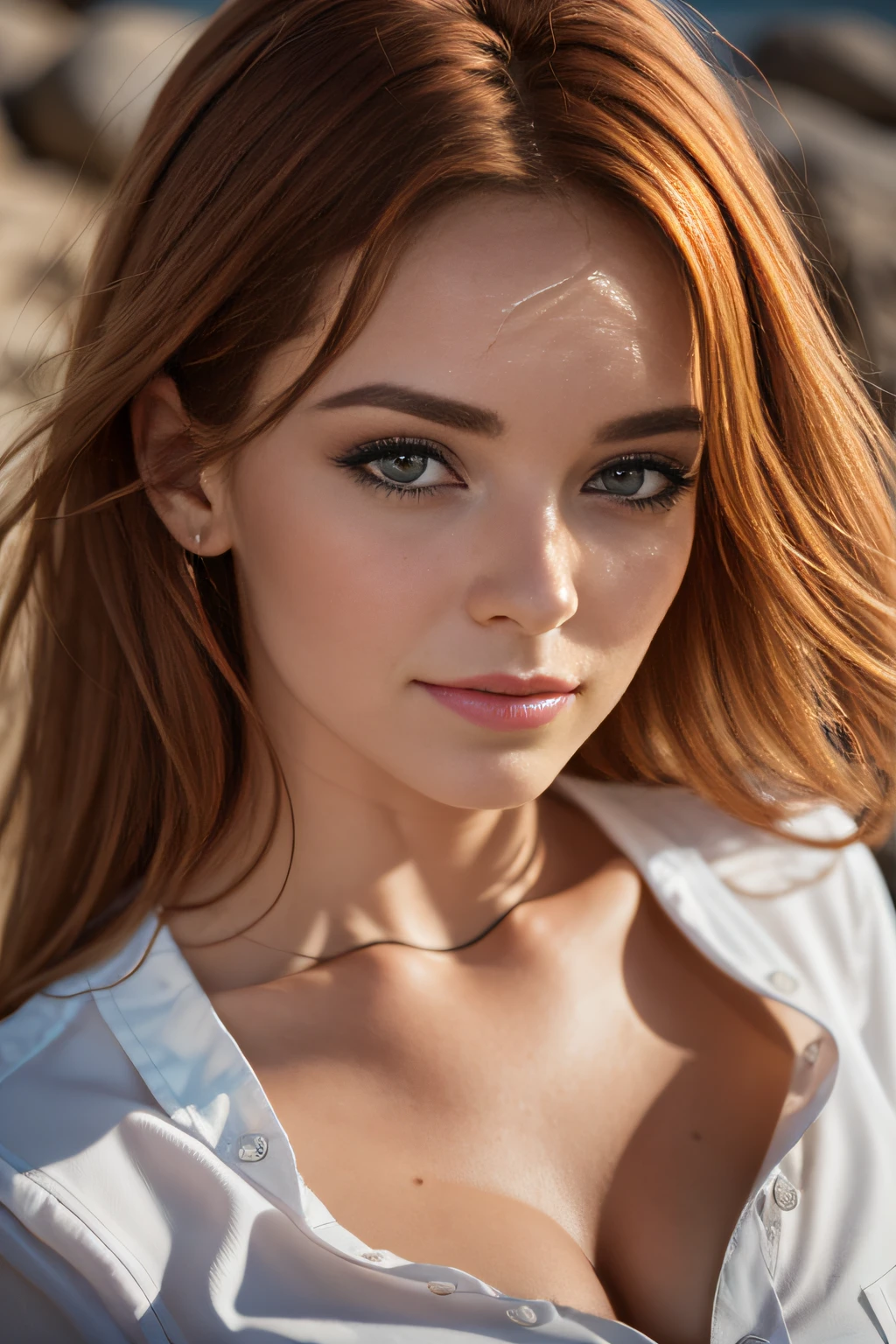 Portrait d'une rousse de 26 ans aux yeux verts, Frenchwoman, Chest close-up, unbuttoned white blouse, pas de soutien gorge, petits seins, petite poitrine, en petite culotte, Ultra-detailed skin texture, sexuality, seduction, regard amoureux, flottant sous-marin, rochers, soleil couchant, cinematic rendering, 32K, facial sharpness