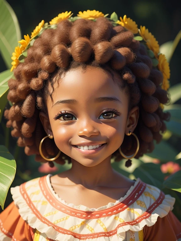 Portrait of a  afro girl wearing a flower crown, smiling