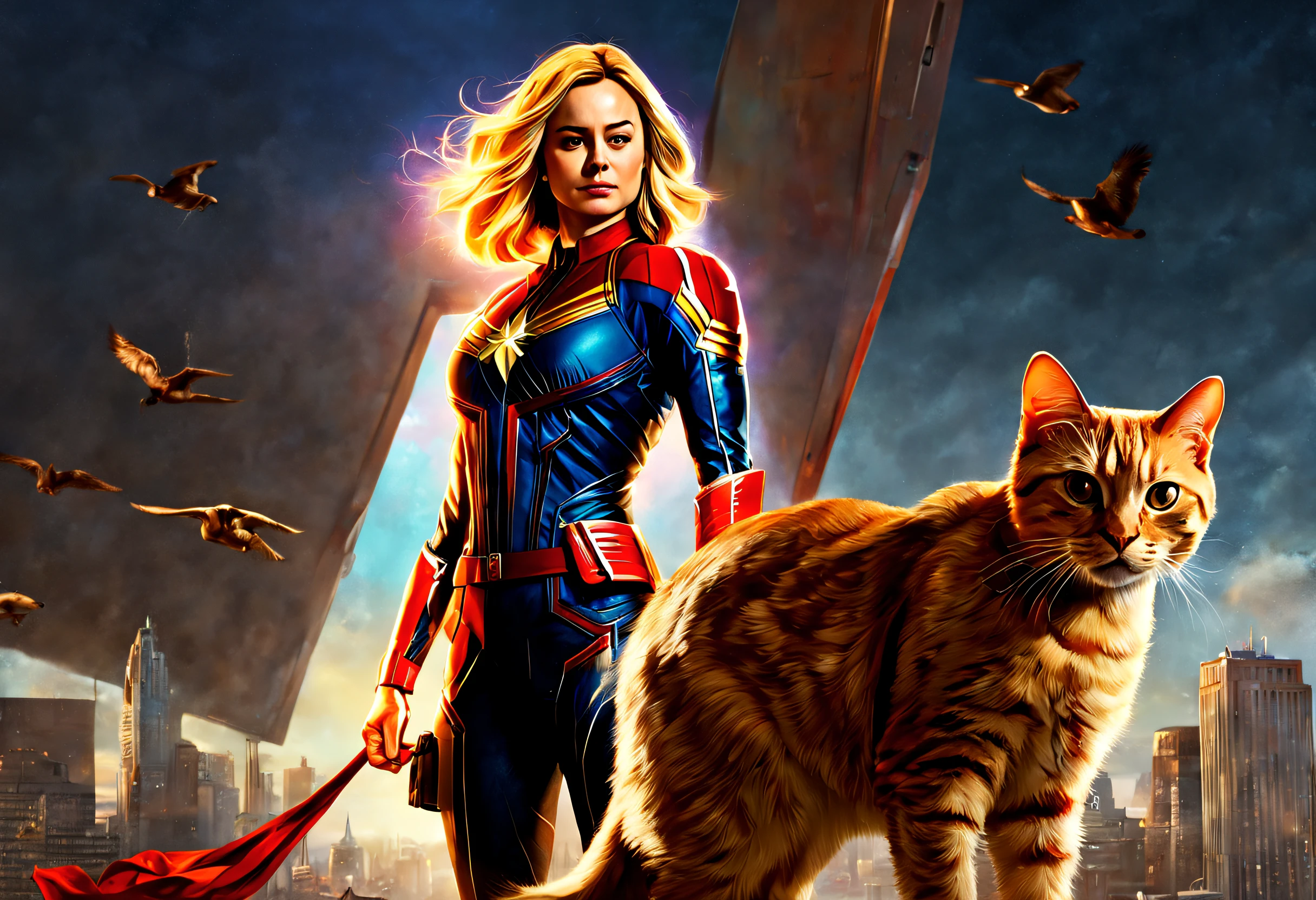 (best quality, 4k, 8k, high resolution, masterpiece: 1.2), (ultra detailed, realistic, photorealistic: 1.37), cinematic scene, portrait of Captain Marvel with her orange cat Goose, the cat has a badge hanging around her neck round with the letters "GOOSE" detailed background, masterpiece, best quality, high quality, vivid colors, scene taken from the movie Captain Marvel