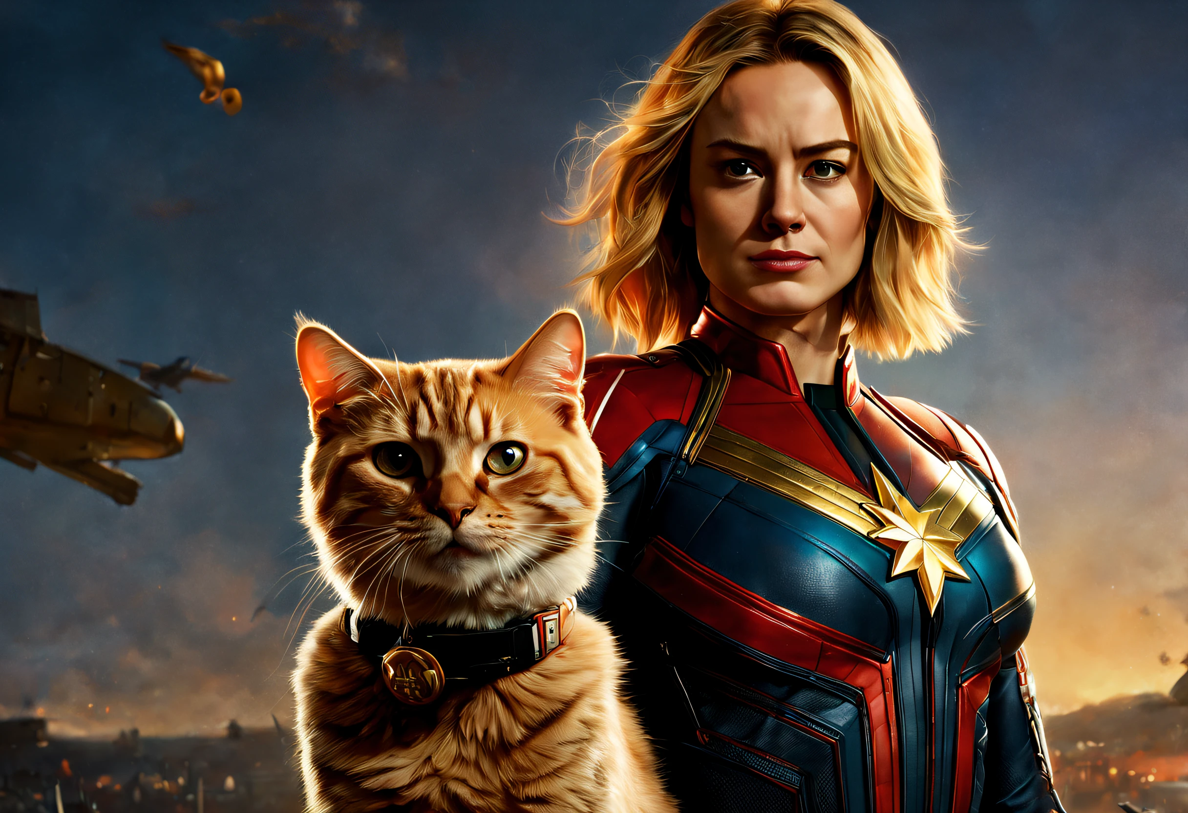 (best quality, 4k, 8k, high resolution, masterpiece: 1.2), (ultra detailed, realistic, photorealistic: 1.37), cinematic scene, portrait of Captain Marvel with her orange cat Goose, the cat has a badge hanging around her neck round with the letters "GOOSE" detailed background, masterpiece, best quality, high quality, vivid colors, scene taken from the movie Captain Marvel