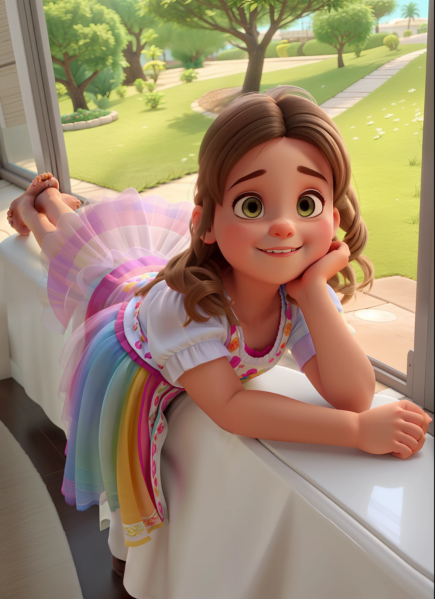 Uma menina loira pequena usando vestido com saia tutu no estilo Disney pixar, alta qualidade, melhor qualidade