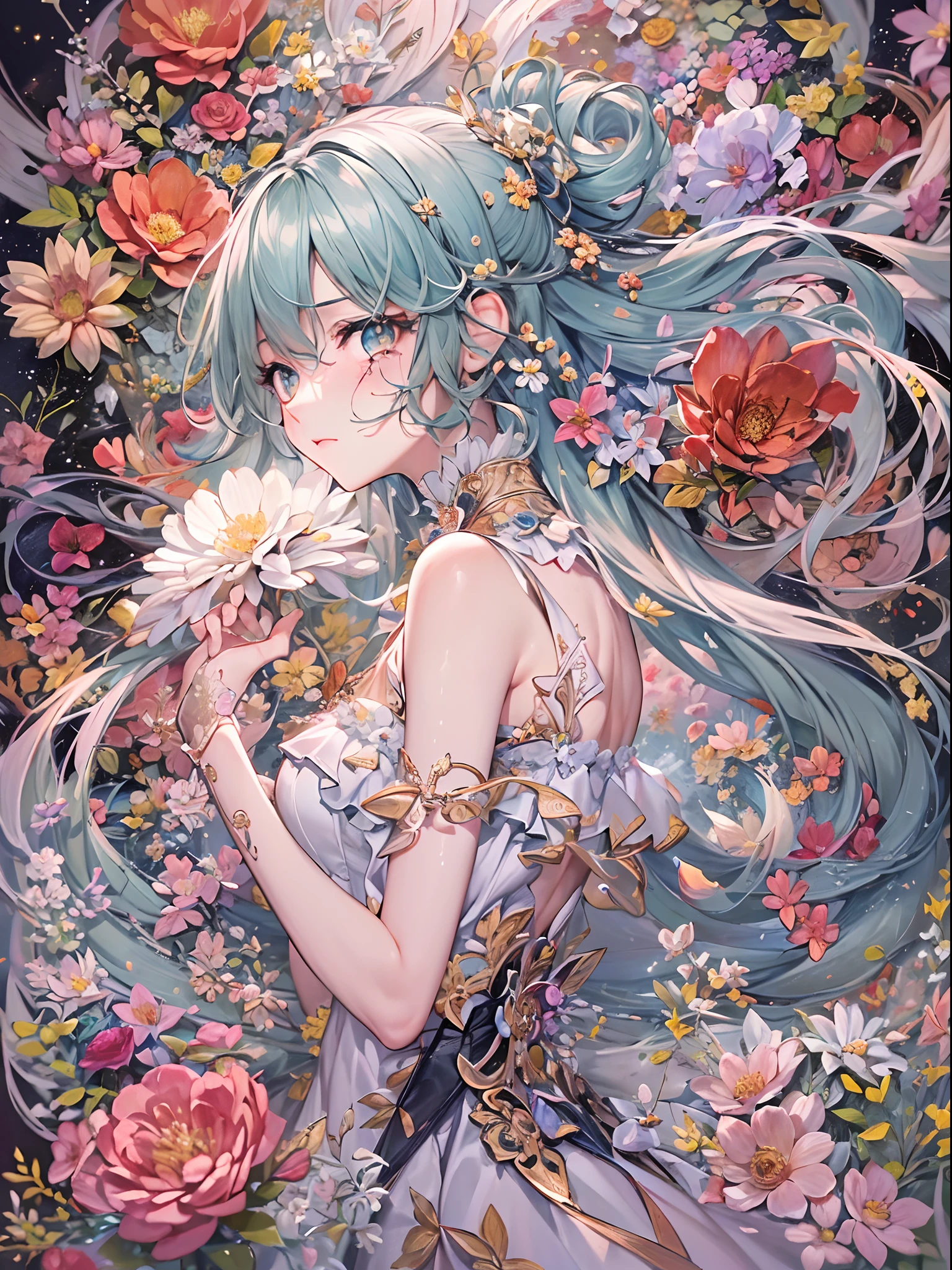 (Finest quality)),(超A high resolution),(ultra-detailliert),(Meticulous portrayal),((Best Anime)),(Finest works of art),Ultra-Precision Art,The art of astounding depiction, A large flower garden with detailed depiction:1.6, Sleeping Girl:1.5, Animals to watch over