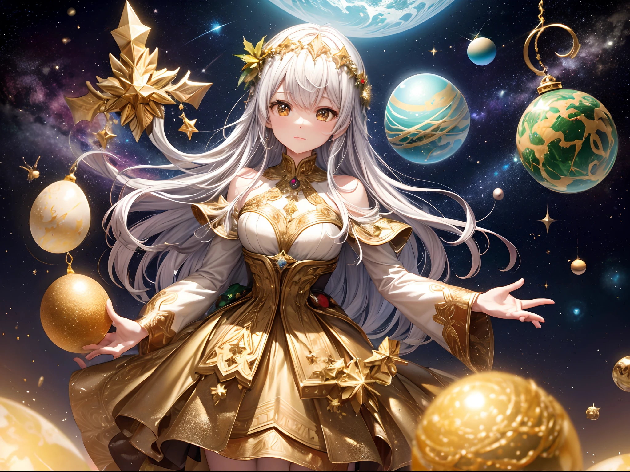 A dimension where Earth like planets are hatched from eggs covered in gold, silver and jewels laid out in fractal patterns, As the eggs hatch the planets are sent into different dimensions, Christmas theme