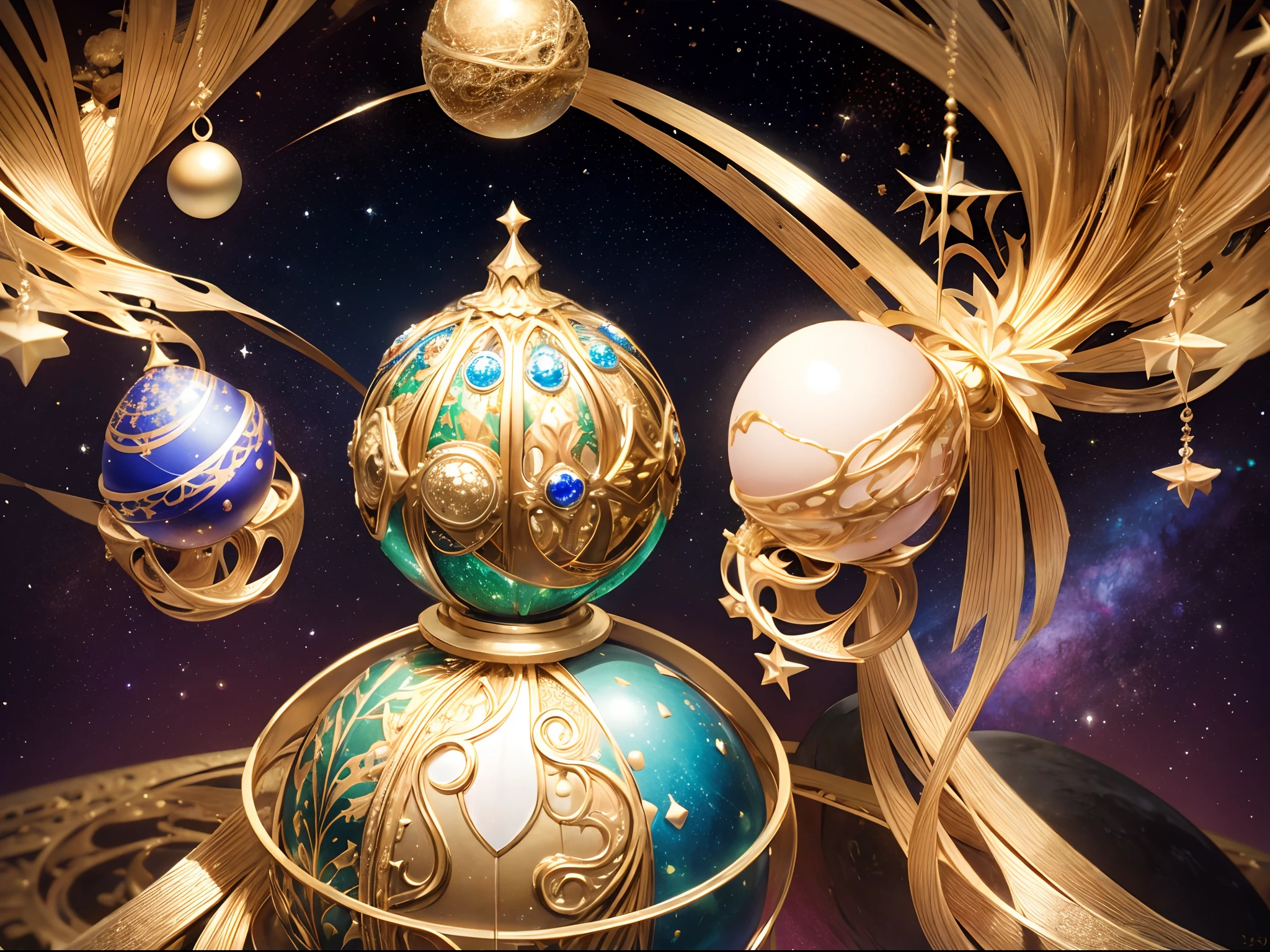 A dimension where Earth like planets are hatched from eggs covered in gold, silver and jewels laid out in fractal patterns, As the eggs hatch the planets are sent into different dimensions, Christmas theme