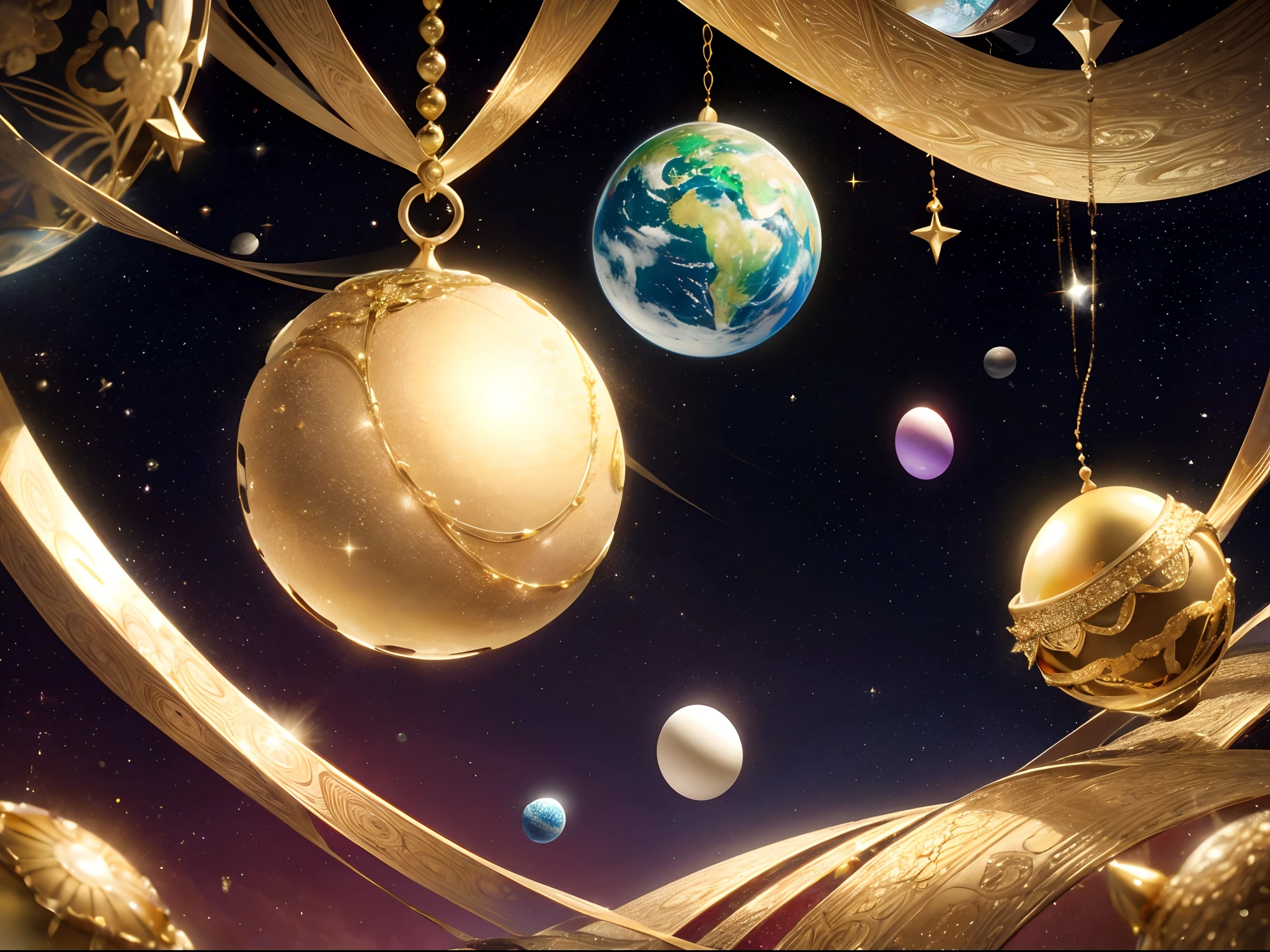 A dimension where Earth like planets are hatched from eggs covered in gold, silver and jewels laid out in fractal patterns, As the eggs hatch the planets are sent into different dimensions, Christmas theme
