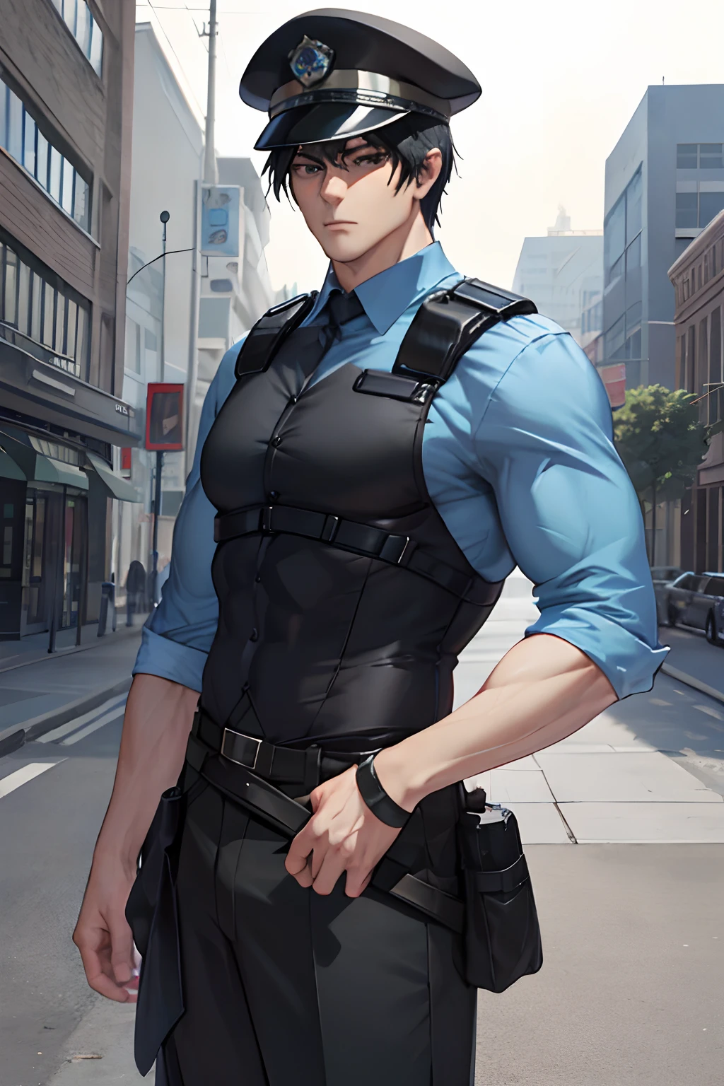 Tall strong man, muscular male, short black hair, police hat, police uniform, kevlar vest, long sleeves, blue hat, blue shirt uniform, dark blue / black pants, male, strong, powerful, standing in a city