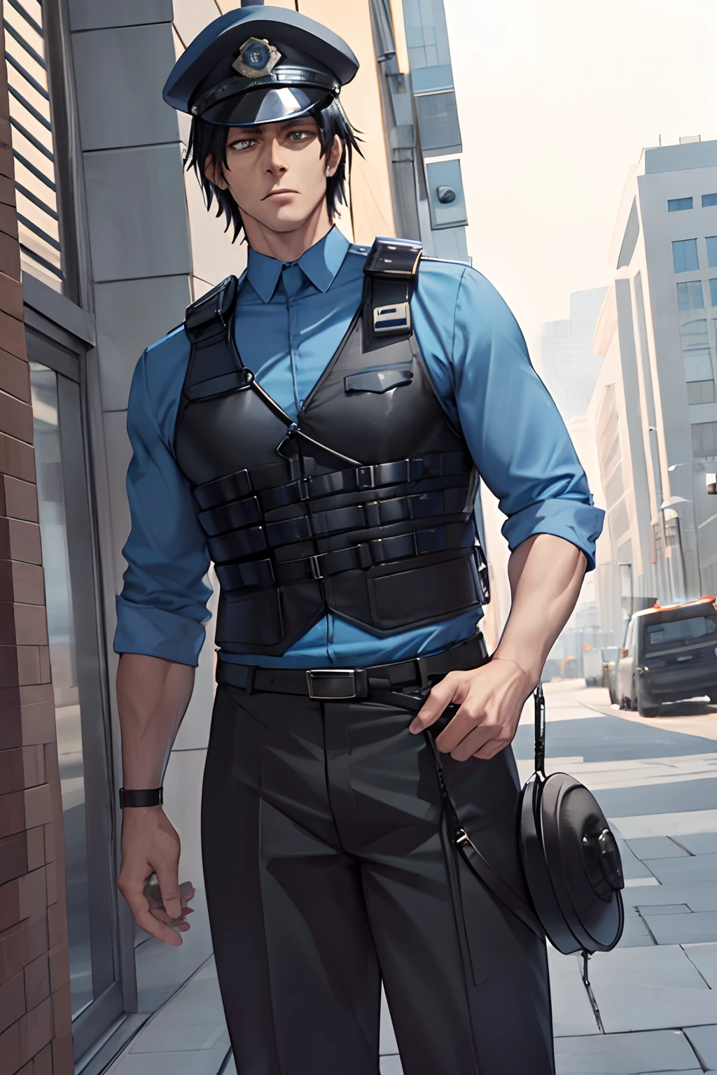 Tall strong man, muscular male, short black hair, police hat, police uniform, kevlar vest, long sleeves, blue hat, blue shirt uniform, dark blue / black pants, male, strong, powerful, standing in a city