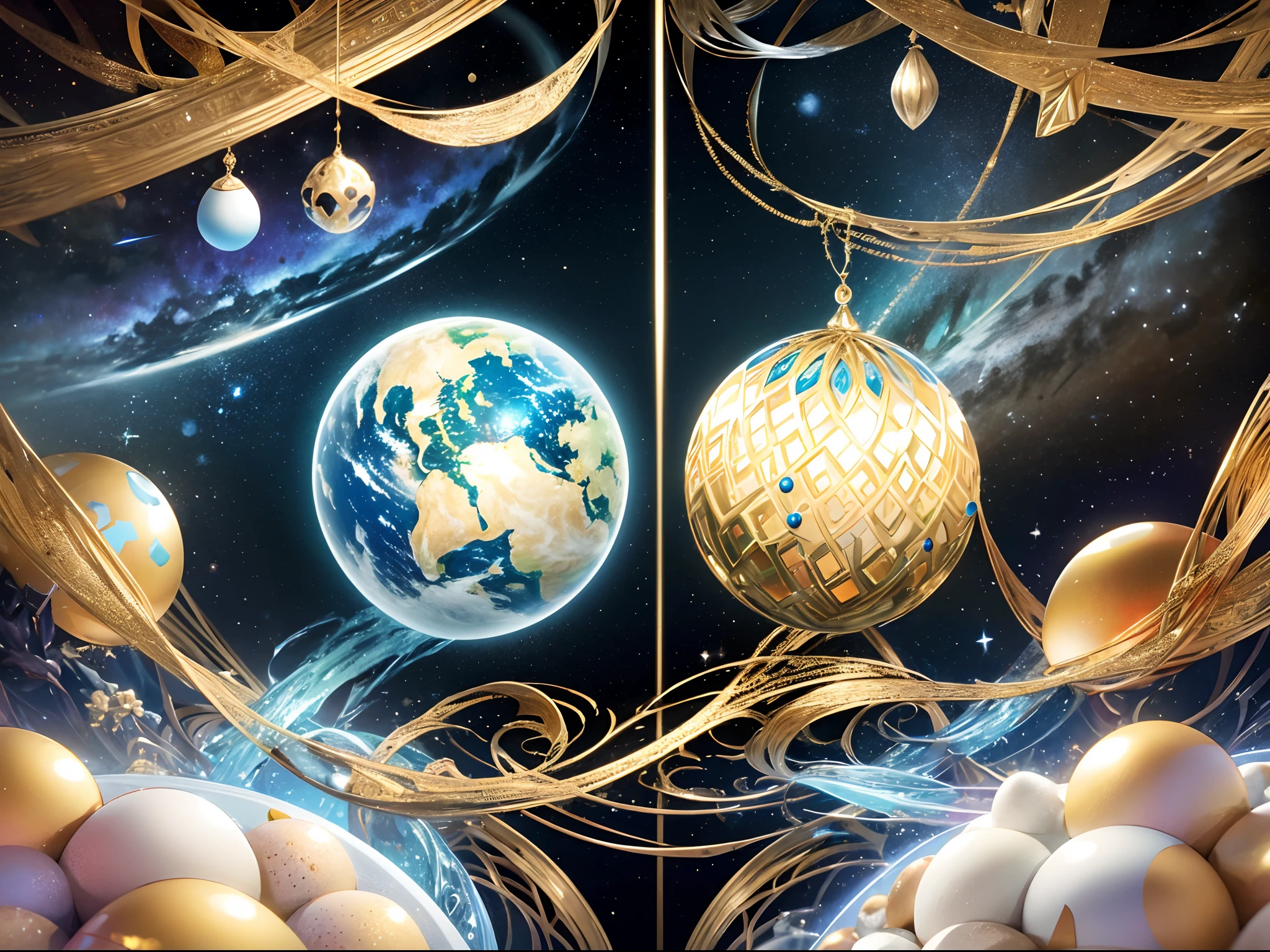 A dimension where Earth like planets are hatched from eggs covered in gold, silver and jewels laid out in fractal patterns, As the eggs hatch the planets are sent into different dimensions, Christmas theme