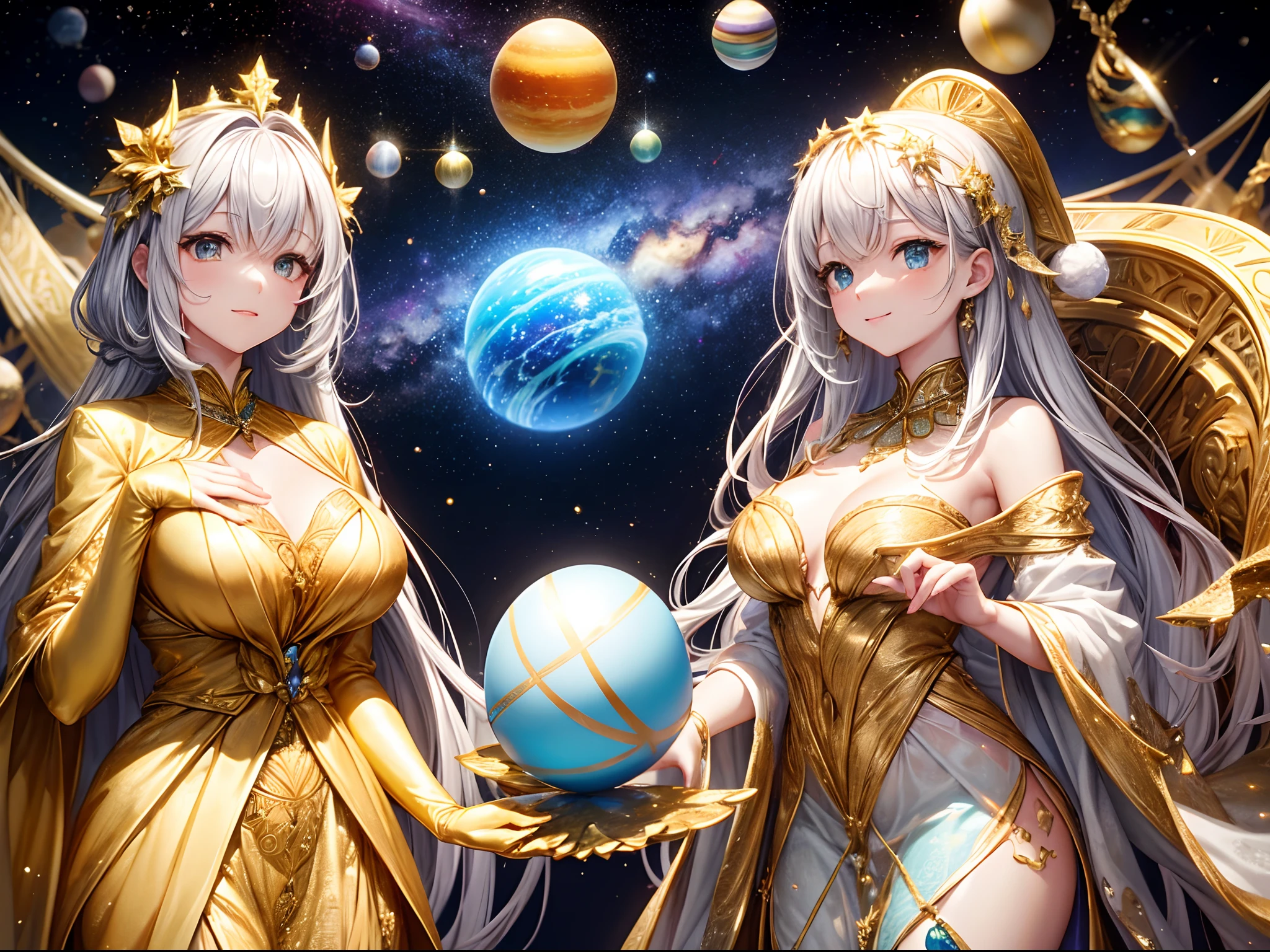A dimension where Earth like planets are hatched from eggs covered in gold, silver and jewels laid out in fractal patterns, As the eggs hatch the planets are sent into different dimensions, Christmas theme