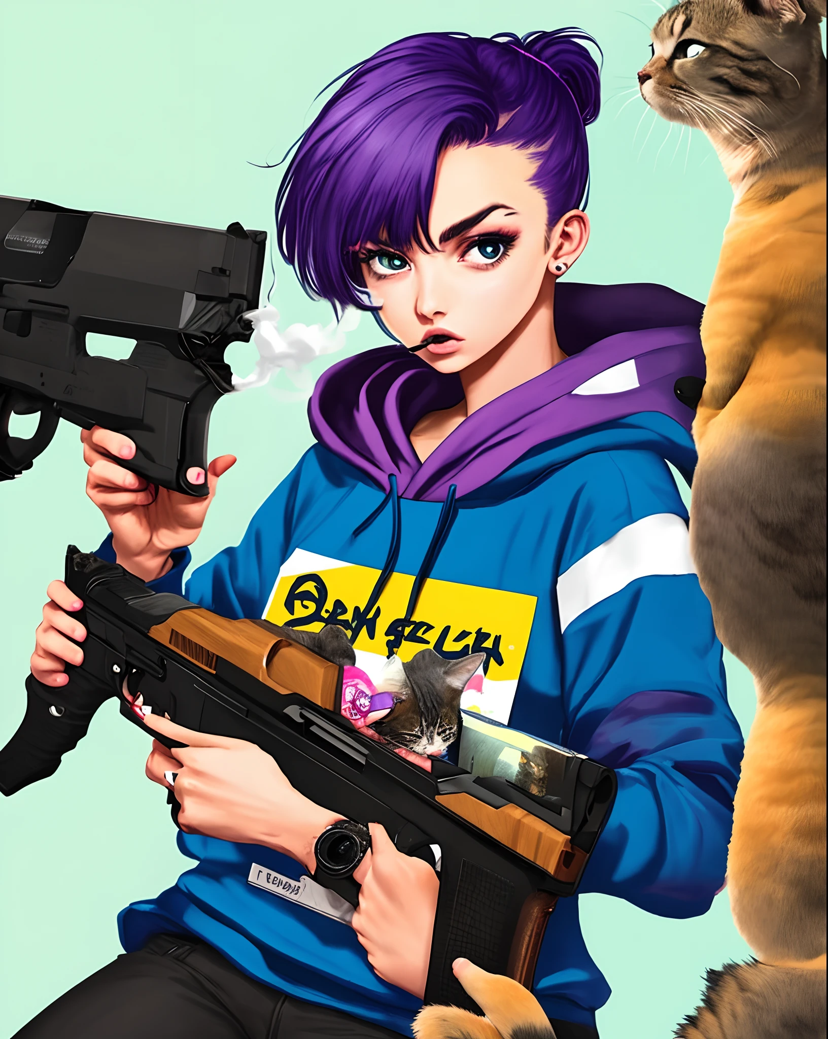 woman call of duty operator with purple hair in a ponytail with a CleverGirl name tag wearing a hoodie holding a gun smoking a blunt, three cats, dinosaur, snacks, cartoon style, neon colors, big Eyes
