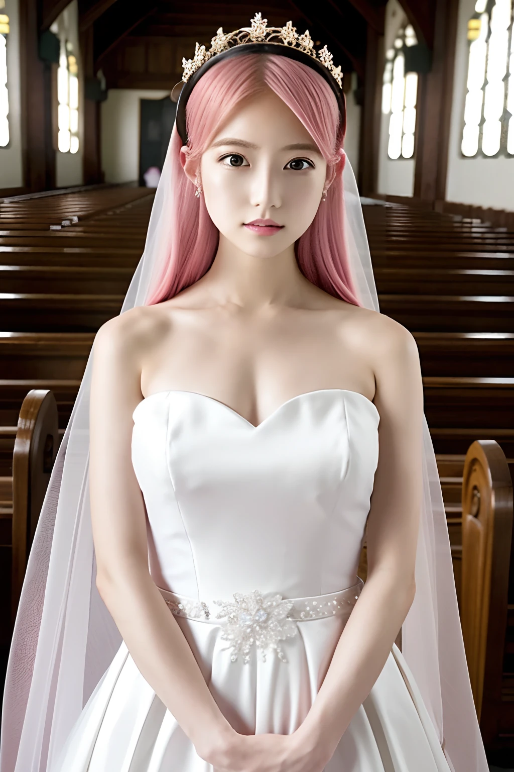 (masutepiece, Best Quality:1.3)
Lightning FF13, 1girl in, Solo, Pink hair, wearing a wedding dress, Bridal Veil, inside a church