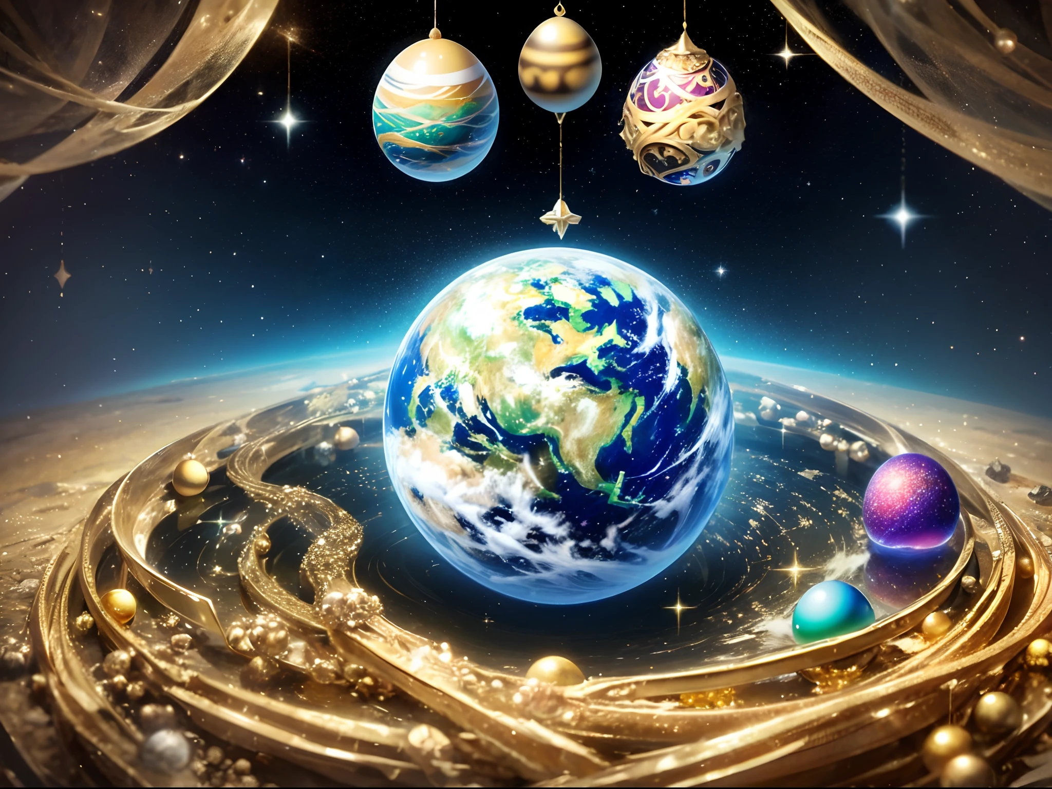 A dimension where Earth like planets are hatched from eggs covered in gold, silver and jewels laid out in fractal patterns, As the eggs hatch the planets are sent into different dimensions, Christmas theme