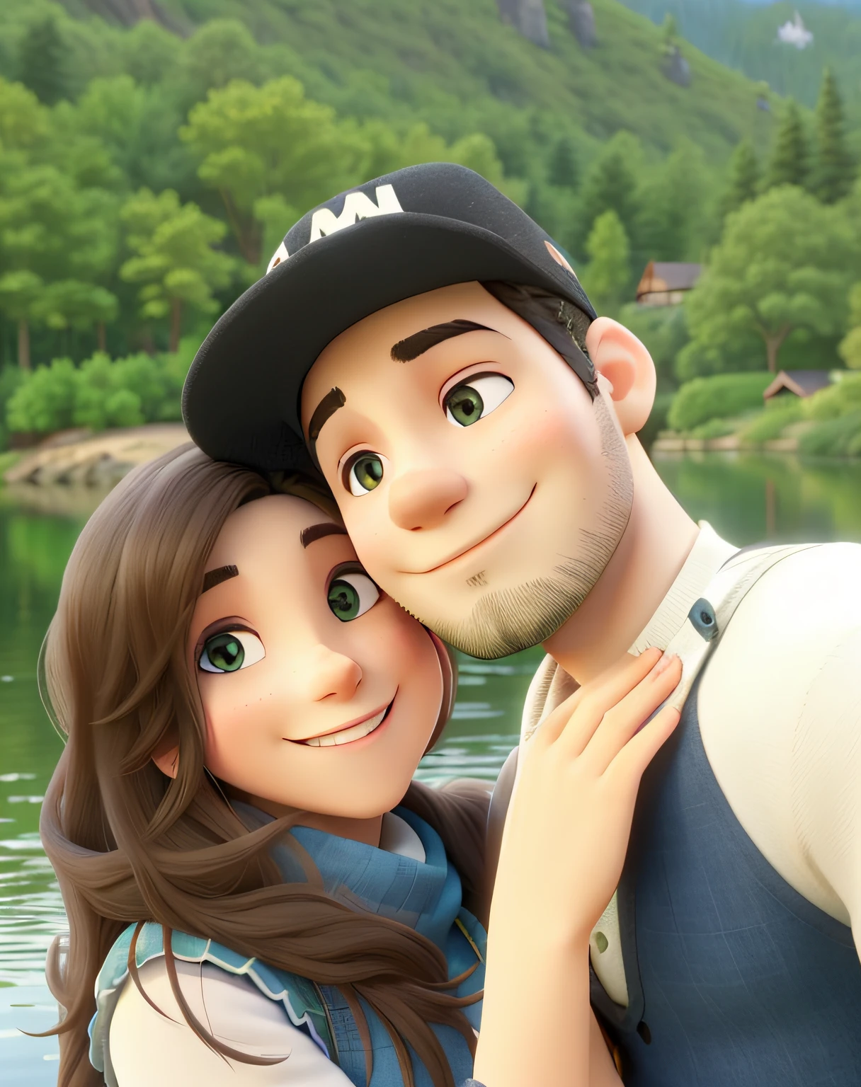 A couple embracing, In a beautiful place with lake and greenery