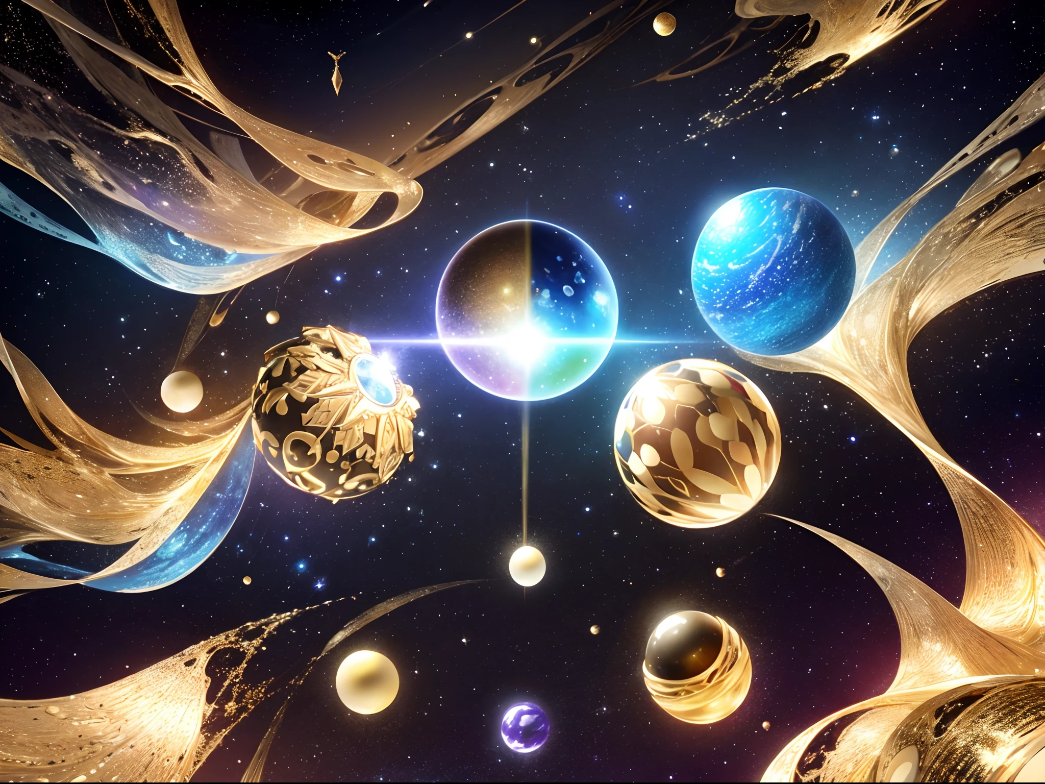 A dimension where Earth like planets are hatched from eggs covered in gold, silver and jewels laid out in fractal patterns, As the eggs hatch the planets are sent into different dimensions, Christmas theme