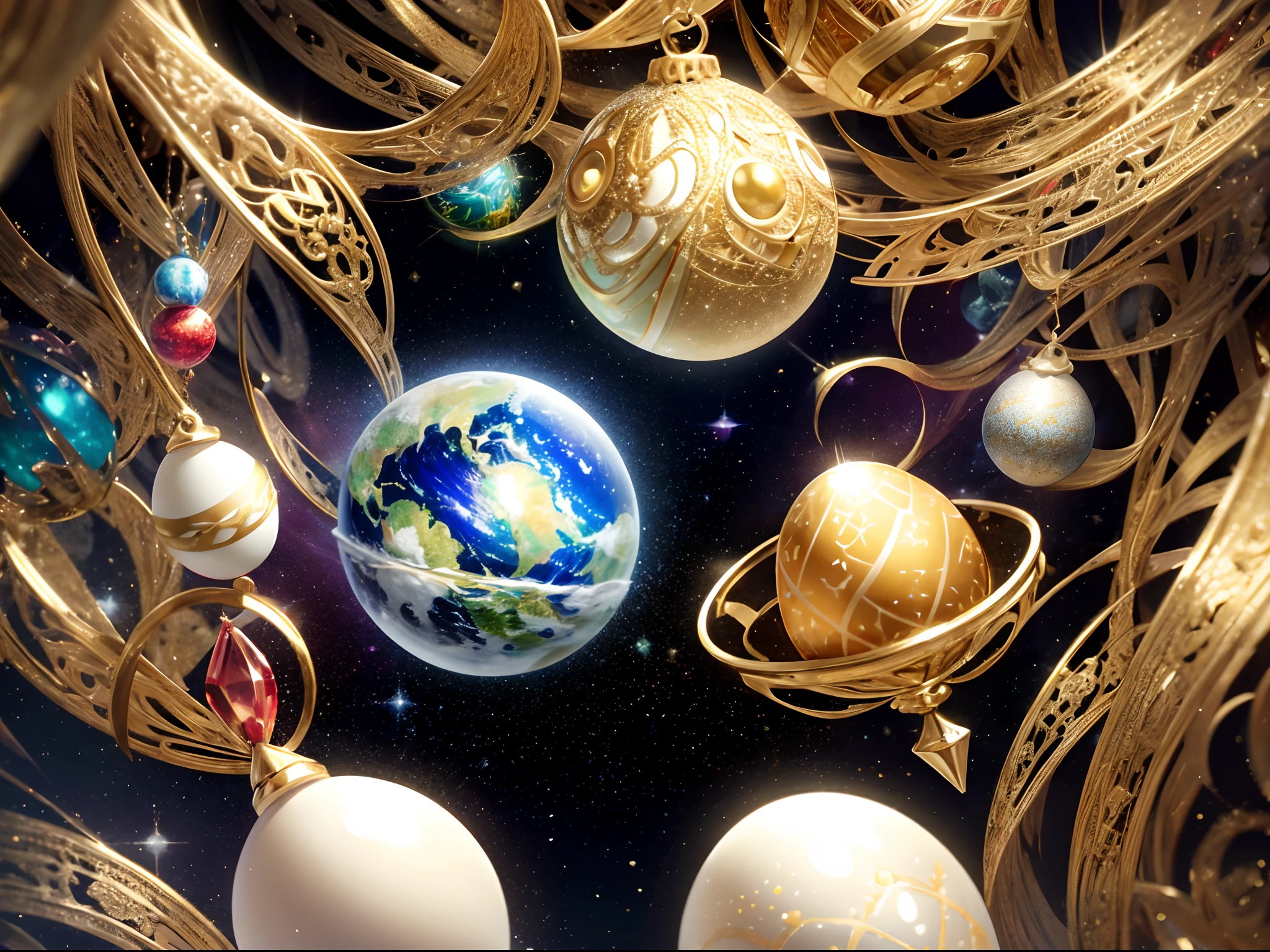 A dimension where Earth like planets are hatched from eggs covered in gold, silver and jewels laid out in fractal patterns, As the eggs hatch the planets are sent into different dimensions, Christmas theme