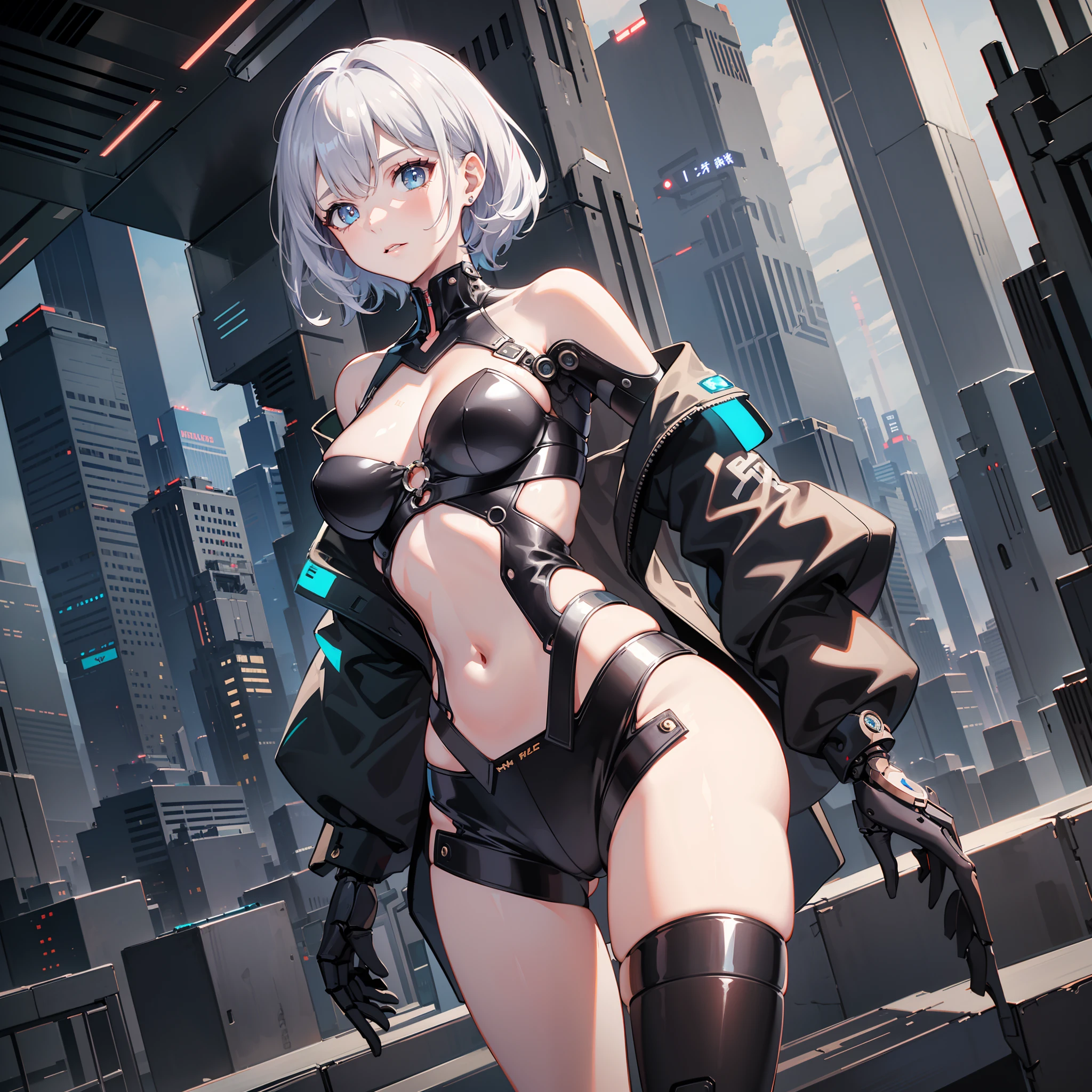 (Best Quality),(Ultra Precision),(Ultra High Definition),(Detailed Description),16k,Ultra High Definition,Masterpiece,Sharpness,Anime,Wallpaper, 1 person,((Adult female in her early 20s)),Japan,Height:1.2,Egg face:1.1,Skin details,Big:1.3,Slim abdomen,Beautiful body line,Leg line beauty,Clavicle,Hipbone,Ribs:0.9,High-leg pants,Like a fashion model,( Detailed Mechanical Eyes:1.4),Cyberpunk:1.1,Neon