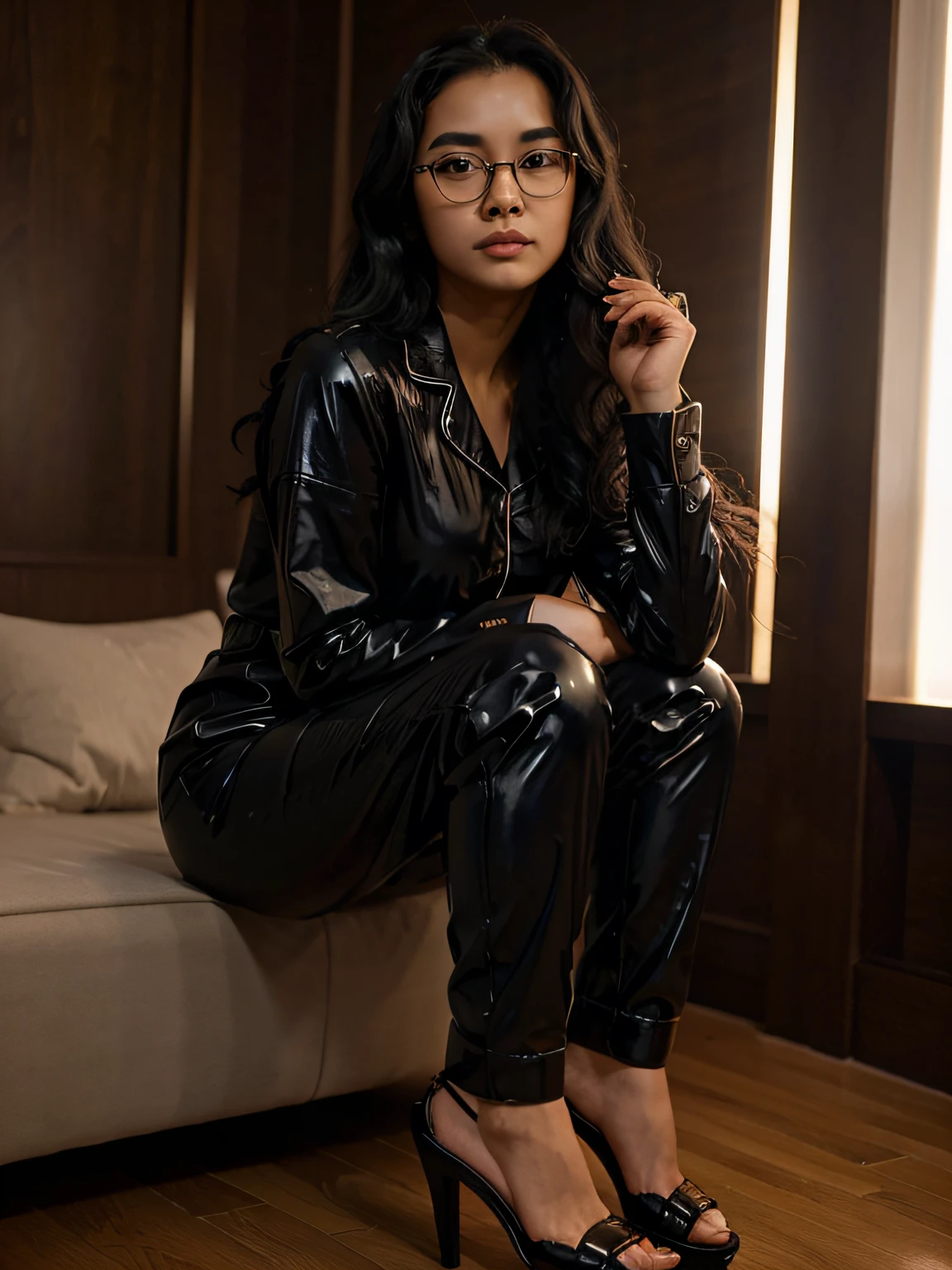 bespectacled Malay young woman, wearing latex pajamas and black high heels. Hair is black wavy and shoulder length.