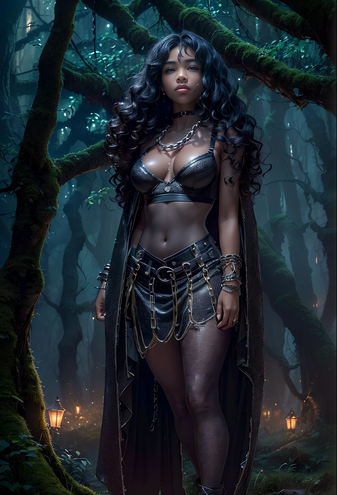 ((17-year-old))), black girl, (((light skin))), (((full body pose))), (((long curly black hair))), (((wearing tight chainmail micromini skirt, chainmail bra, open front cloak))), (((seamless, black, pantyhose))), standing in the dark woods at night, moonlight shining through the dense canopy, (((dark castle in the background))), dark fantasy, Rich, Deep Colours, (intricate details:0.9), (HDR, hyper-detailing:1.2), (natural skin textures, hyper realisitc, glistening skin, soft light, Sharp),