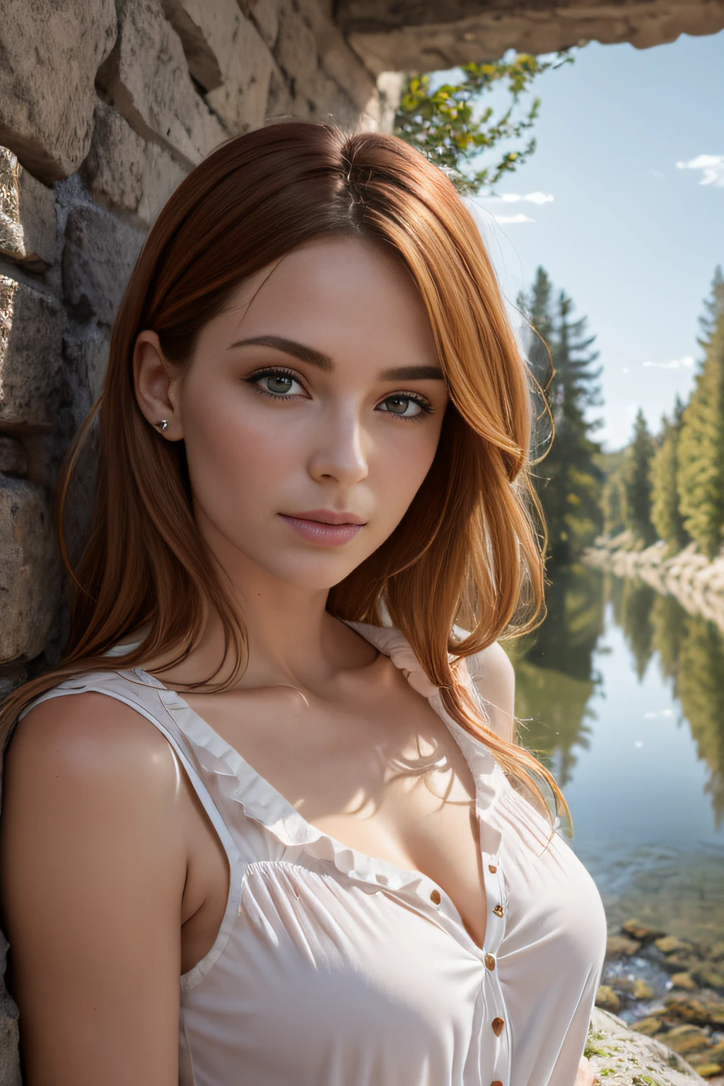 Portrait d'une rousse de 38 ans aux yeux verts, Frenchwoman, Chest close-up, petits seins, petite poitrine, Disjointed cream-colored linen bustier, Ultra-detailed skin texture, sexuality, seduction, regard amoureux, lightly open mouth, Standing in a river, rochers, arbres, soleil couchant, cinematic rendering, 32K, facial sharpness