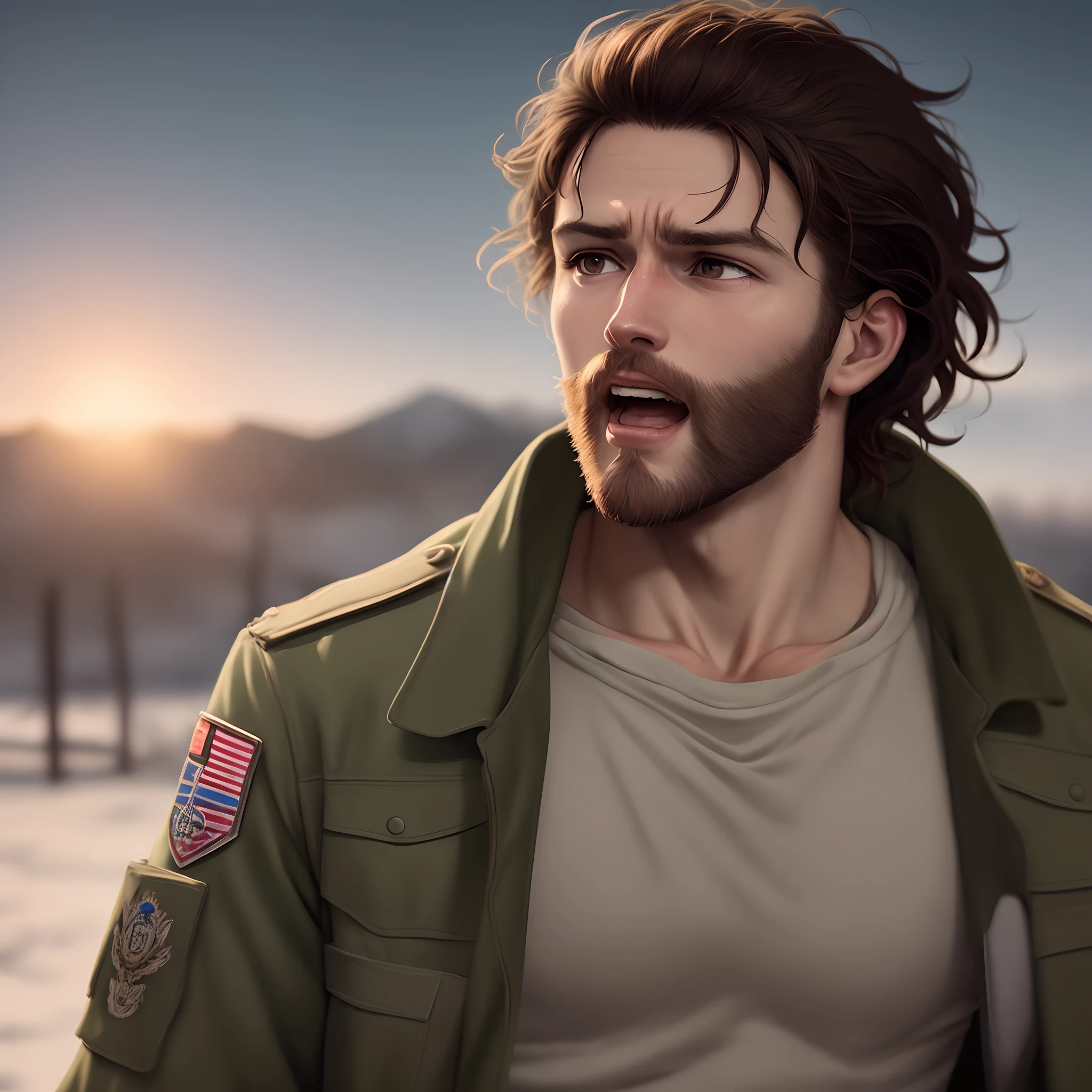 Attack on Titan screencap of a male with brown, neck length slightly curly hair and a short brown beard, with tan skin and black eyes. Scenery is illuminated night time. He iswearing a Military Police jacket. WITStudios season 3. His facial expression is regretful.His mouth is open and he is saying with a speech bubble, “I can still hear her, you know? I can still hear that noise she made.”