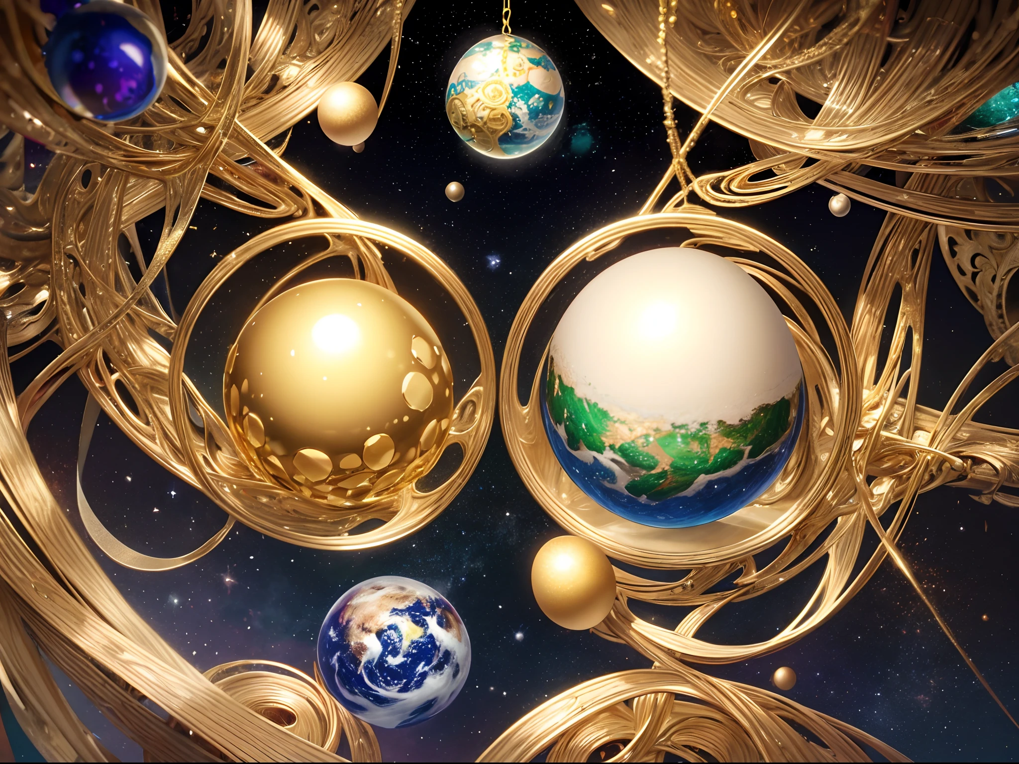 A dimension where Earth like planets are hatched from eggs covered in gold, silver and jewels laid out in fractal patterns, As the eggs hatch the planets are sent into different dimensions, Christmas theme