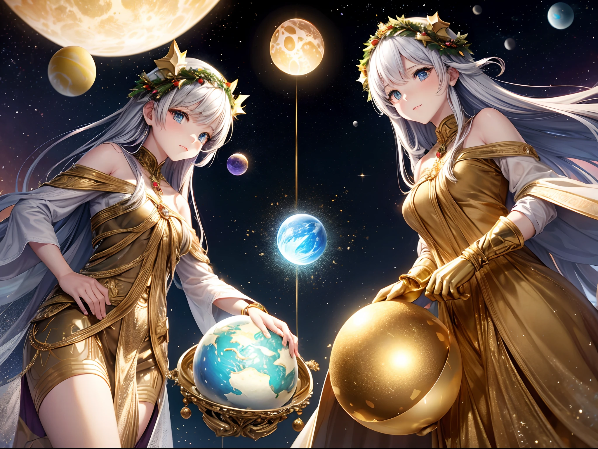 A dimension where Earth like planets are hatched from eggs covered in gold, silver and jewels laid out in fractal patterns, As the eggs hatch the planets are sent into different dimensions, Christmas theme
