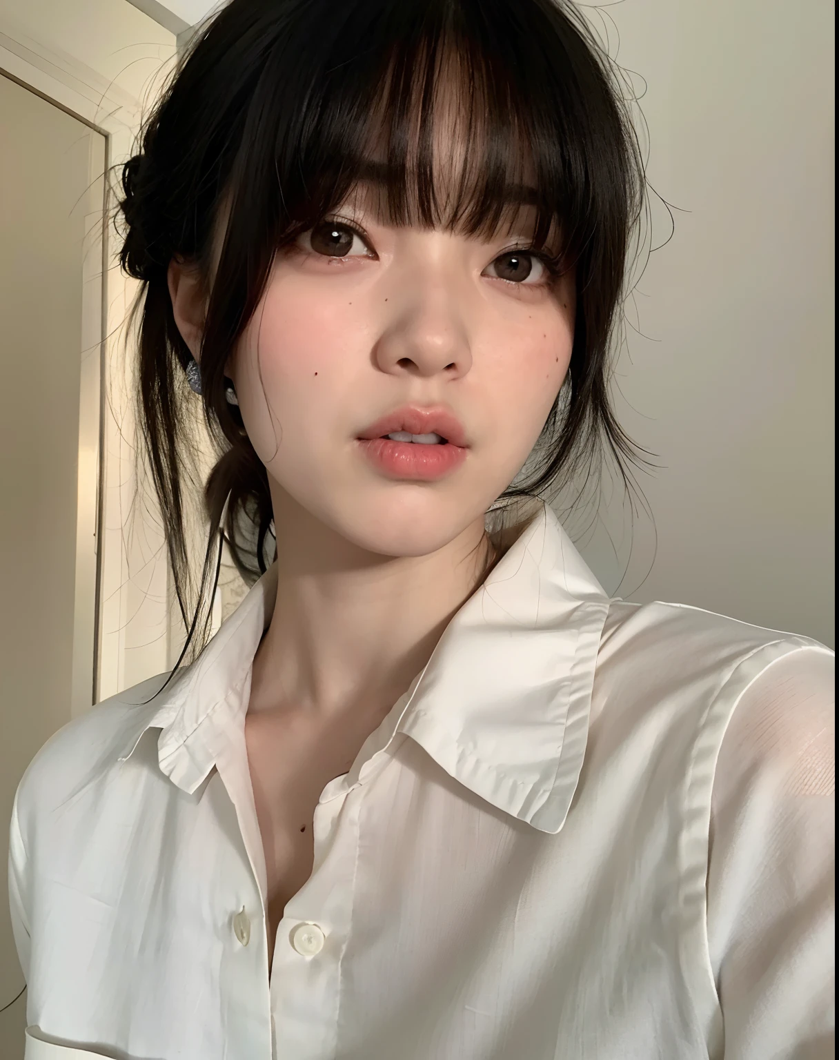 Arafed asian woman with bangs and a white shirt, Ulzzang, menina coreana, Ela tem cabelo preto com franja, Mulher sul-coreana bonita, young adorable korean face, com franja, korean face features, wan adorable korean face, pale round face, south east asian with round face, Jinyoung Canela, com franja completa, young cute wan asian face, com rosto redondo