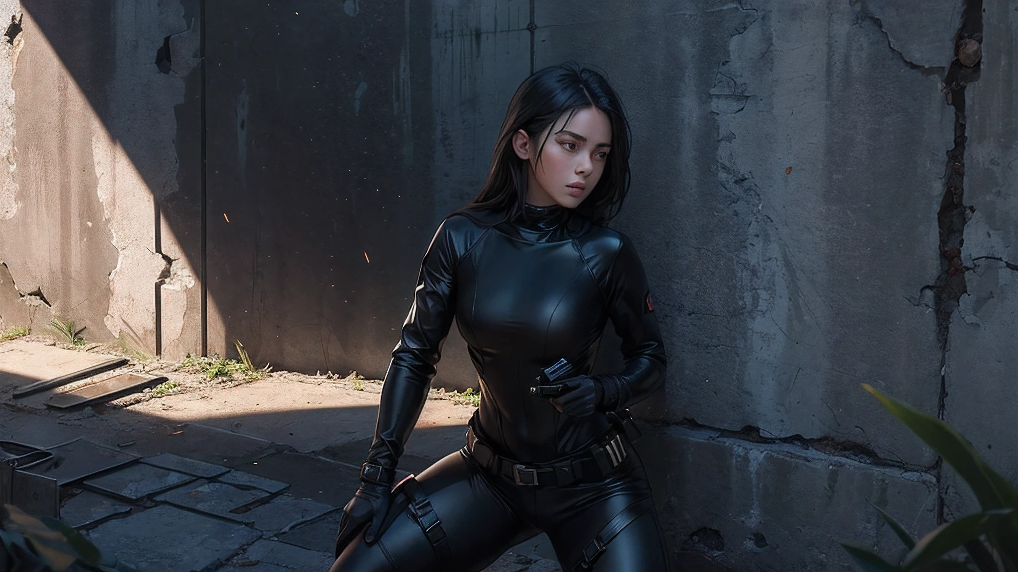 (1girl:1.4), (((female special operative crouching behind wall))), (((looking to her side))), girl is holding a pistol with a suppressor, girl wearing tight shiny black bodysuit with equipment belt, girl has hourglass body, girl has big butt and thighs, up close, detailed face, perfect body, (((dark))), (((storming))), (((nighttime))), best lighting, best shadows, 8k, high quality,