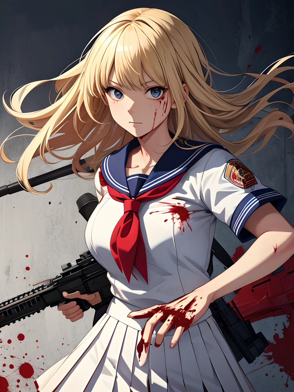 (masutepiece), (Best Quality), hight resolution, ultra-detailliert, photo realistic, 8K, 1girl, solo, extemely cute and beautiful, intricate face, detailed face, Narrow waist, athletic body, Detailed body, Beautiful, Dynamic Pose, 1girl, blonde hair, floating hair, covering with blood, blood, detailed face splattered with blood, detailed lips with blood stains, sailor suit, pleated skirt, (holding a weapon, holding an assault rifle, aiming: 1.2), gun, AK-47, carbine, open fire, firing, classroom,