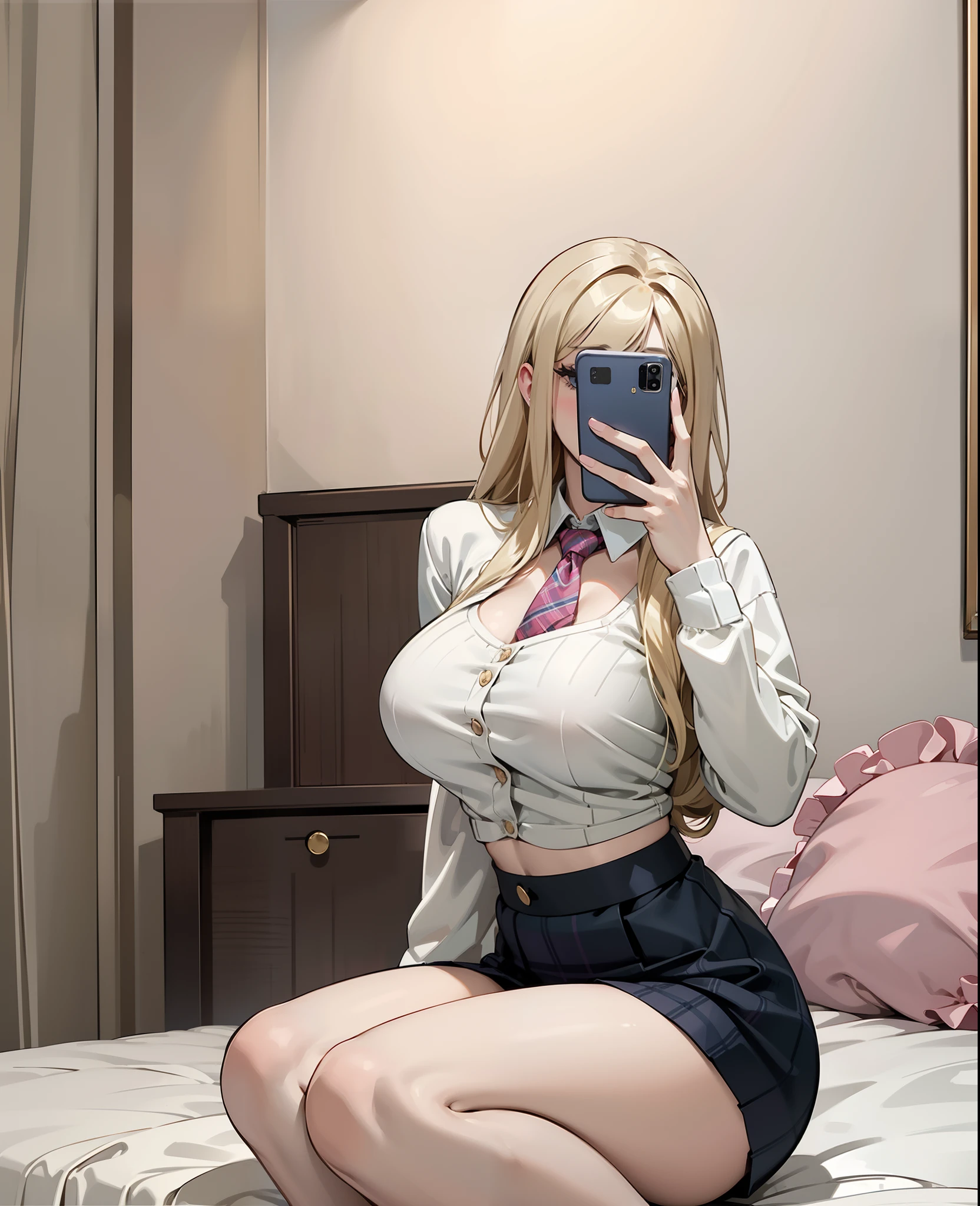 1girl, solo, blonde hair, thick thighs, large breasts, mirror selfie, sitting on bed, pink bedroom background, plants in background, canopy bed, sweater and pencil skirt, underboob, huge breasts, modern decor, pastel colors, pleated skirt, button up, cleavage, plaid tie,