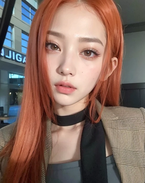 Hay una mujer con el pelo rojo y una corbata negra, Jossi de Blackpink, Jisoo de Blackpink, she has long orange brown hair, Jisoo de Blackpink, Ella tiene el pelo largo redorange, Retrato Jisoo Blackpink, Sun Yunjoo, tzuyu de dos veces, Retrato de Jossi de Blackpink, cabello naranja, dilraba dilmurat, Parque Roseanne de Blackpink