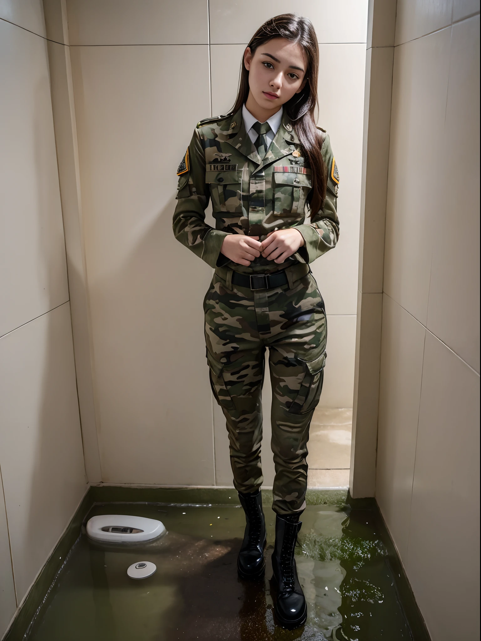 (highres:1.2), Beautiful 19 year old female soldier, camouflage uniform, standing at parade rest, peeing in her uniform pants, puddle of pee, combat boots, with a look of relief on her face while peeing