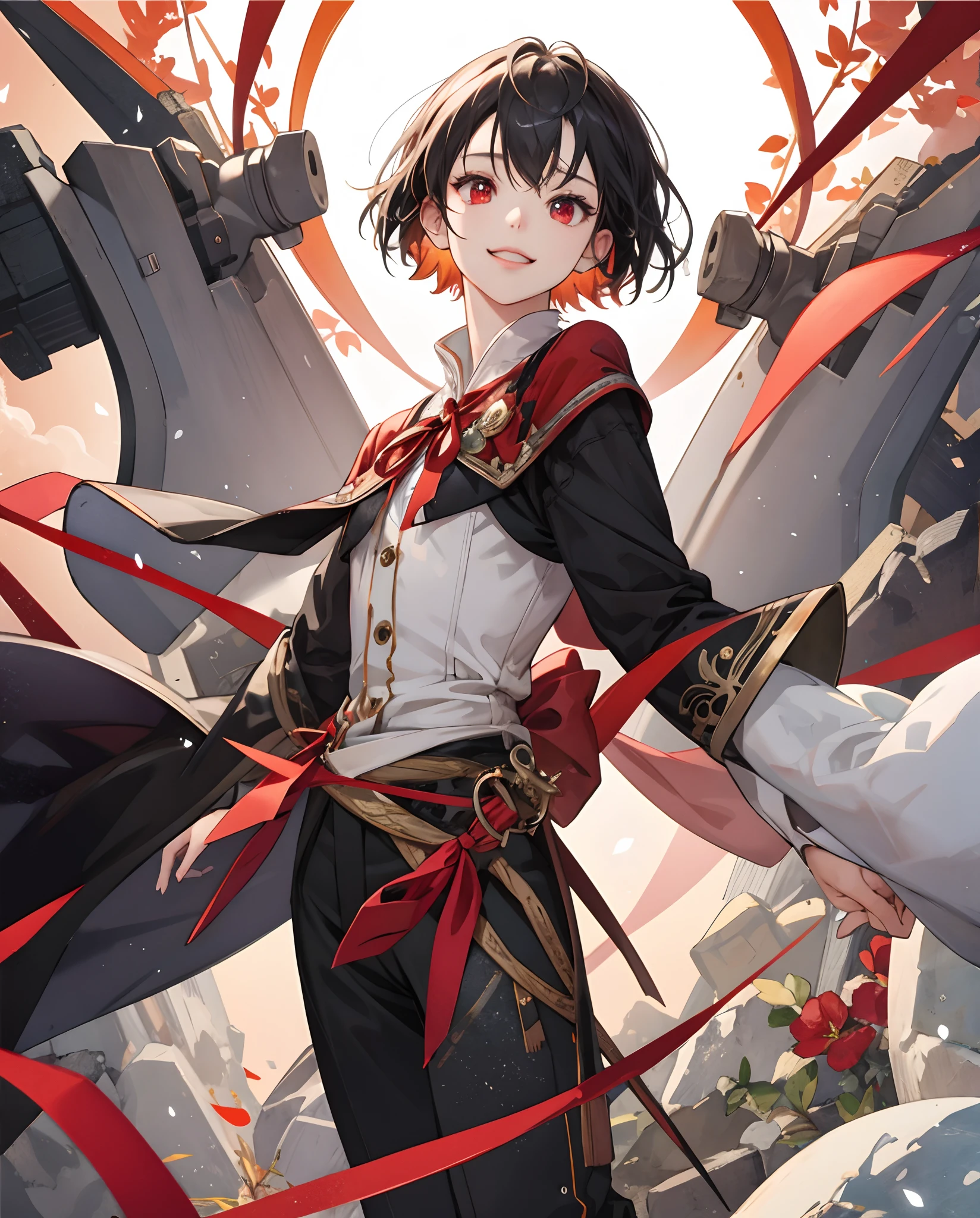 ​masterpiece、top-quality、超A high resolution、2D Beautiful Girl、animesque、teens girl、short-haired、Red ribbon、Beautiful red eyes、The clothes are also depicted in detail、Eyes are depicted in detail、The face is depicted in detail、sorcerer、soio、Full body front、Gentle smile、hair adornments、animesque、illustratio、