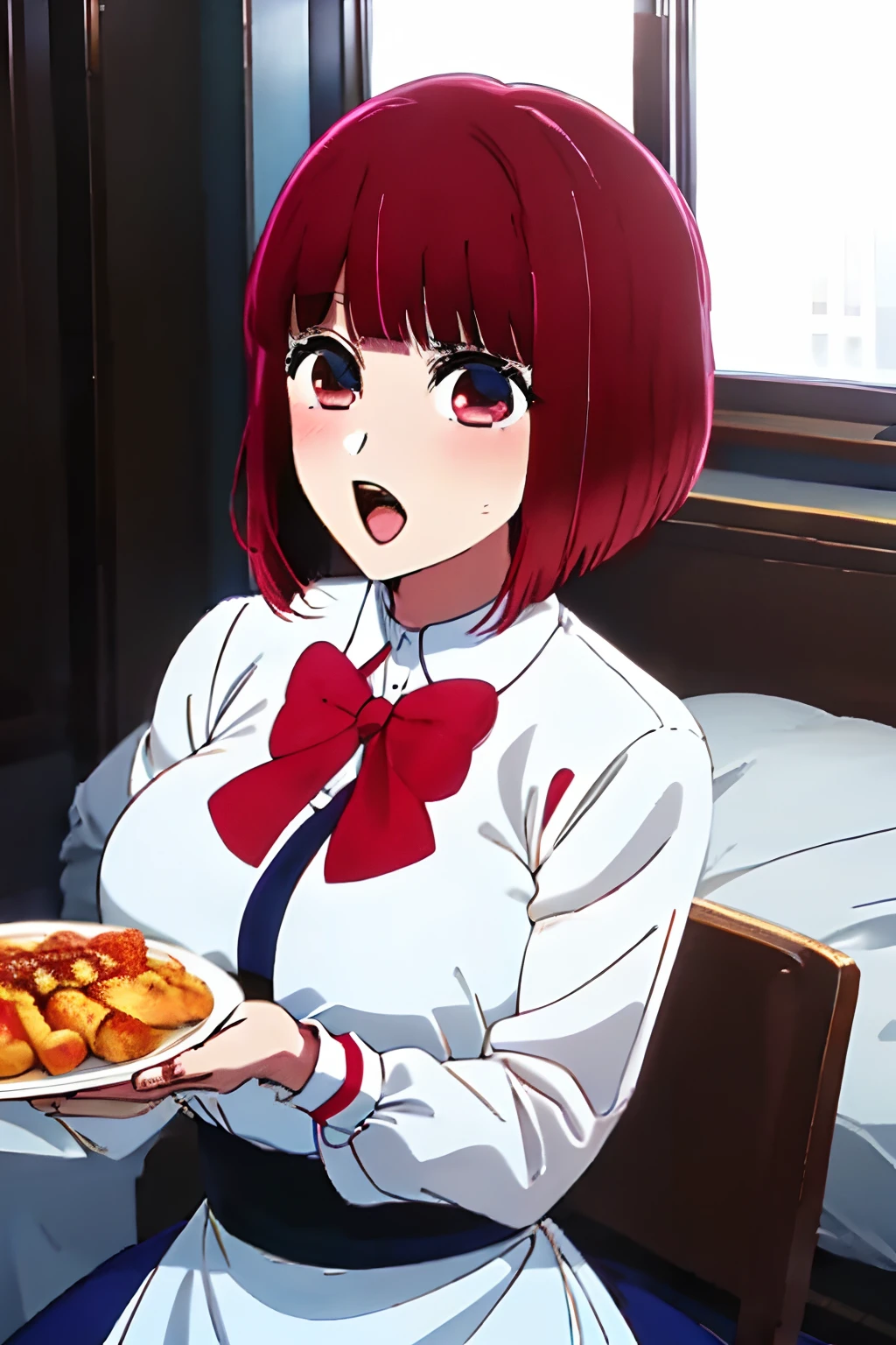 masterpiece, Best quality, arima_kana, Traditional maid, blush, Open mouth, looking_at_viewer, red_eyes, red_hair, short_hair, Solo, upper_body, Holding tray, Food, Blurred background, Restaurant, Chair, Indoors, Table, Window,(Masterpiece, Best Quality, High Definition), Kana Arima (Oshinoko\), Big Tits　Big breasts Lying bed