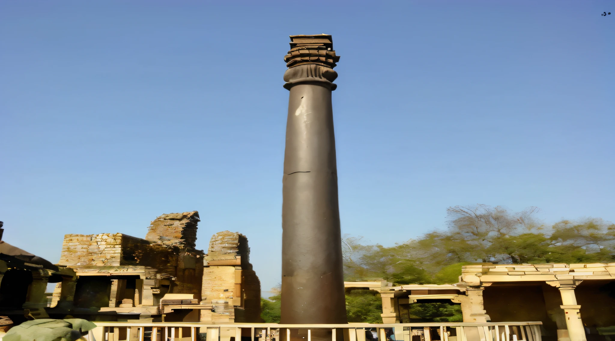 There's a tall black pillar in the middle of a courtyard,pilares gigantescos, Grandes pilares, colunas altas, coluna, colunas gigantes, a foto mostra um grande, pilares gigantes e imponentes, ruins around, Pilar de ferro, pilar de ferro alto, Dharmaraja Pilaster, pilar MUITO ALTO DE FERRO,