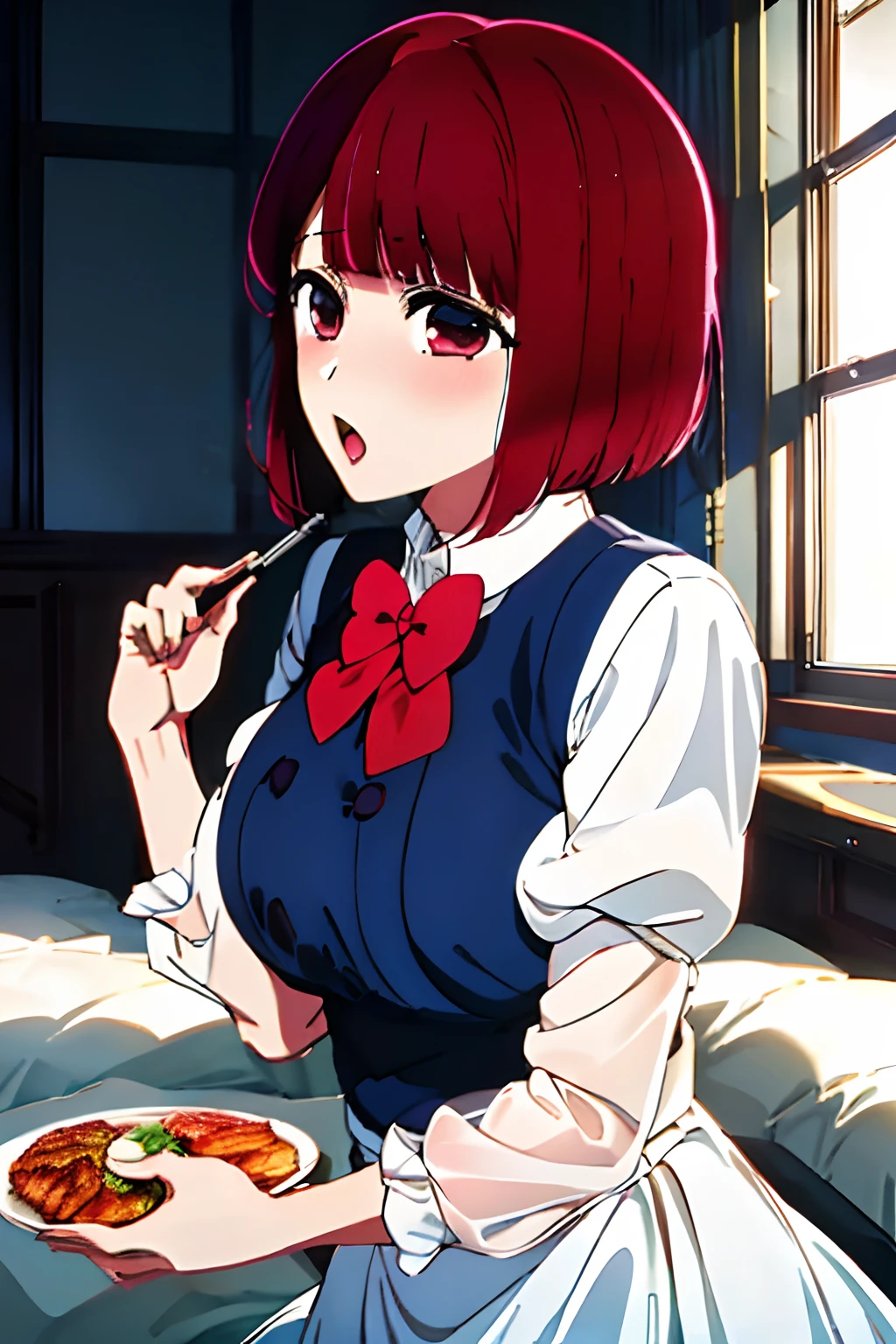 masterpiece, Best quality, arima_kana, Traditional maid, blush, Open mouth, looking_at_viewer, red_eyes, red_hair, short_hair, Solo, upper_body, Holding tray, Food, Blurred background, Restaurant, Chair, Indoors, Table, Window,(Masterpiece, Best Quality, High Definition), Kana Arima (Oshinoko\), Big Tits　Big breasts Lying bed