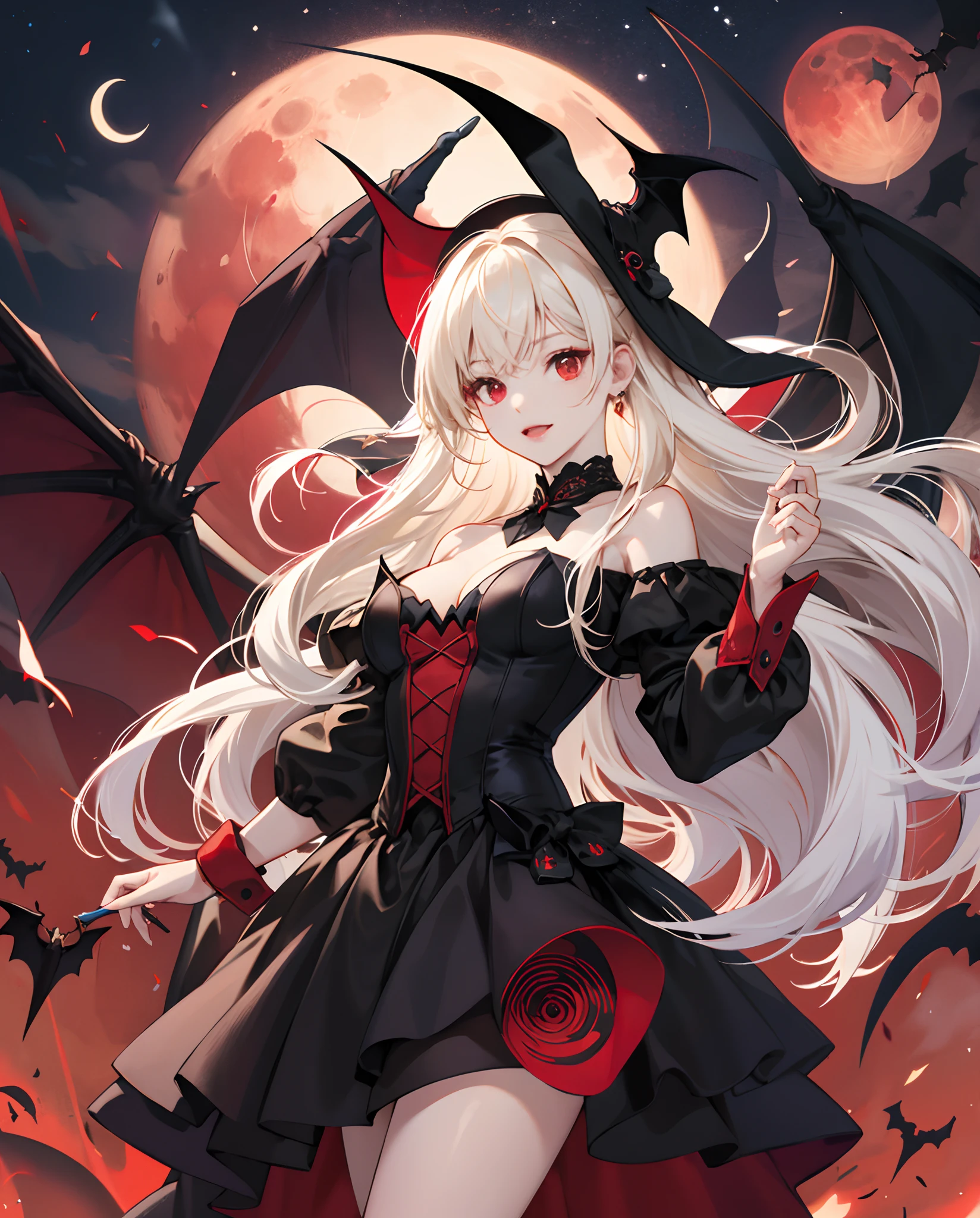 Bat girl with long red eyes with white hair、doress、Red Moon Blonde Girl One、red eyes、Vampire、doress、off shoulders、Red Moon、Midnight、Black tuxedo