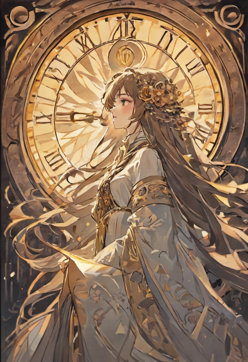 **311. One person。Personification of the hourglass。The hourglass symbolizes the flow of time。Cowboy shot or close-up。
masterpiece, best quality, ultra detailed (Detailed fingers), (Emotional), (Breathtakingly beautiful),
(main part: 1.2 Whole body。), (Anime Style), (Very detailed), (Personification of hourglass),
(超High resolution, High resolution), (8k), (High resolution: 1.2), (Complex and beautiful: 1.2)**
- background: In a quiet room、A scene with an hourglass with sand flowing quietly。
- Personification: Young woman, around 18 years old、Wearing a dress designed to look like slowly flowing sand。
-pose: Standing quietly watching the sand flow by。
-expression: A sense of sadness and serenity、Facial expressions symbolizing the passage of time。
- Effects: The sand flows slowly、Time passing effects。
-color: Beige and brown、A color that symbolizes the warmth of sand and the transience of time.。