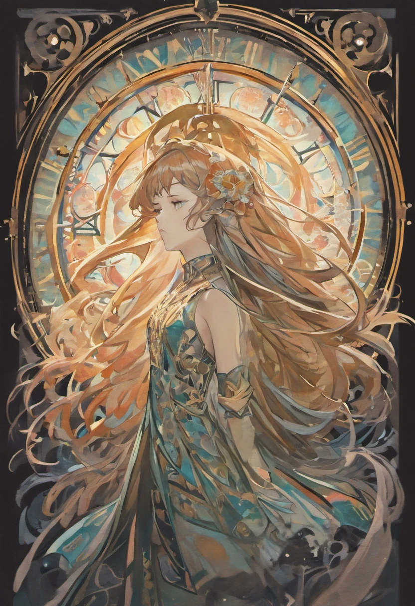 Drawing of a woman with long hair and a clock, beautiful line art, Black and white linear art, beautiful line art, Very fine ink strokes, Official art of high detail, black on white line art, Artistically,Does not discharge black, coloring book, Exquisite and highly detailed fan art, Black ink strokes, Fantasy Fan Art, by Yoshihiko Wada, Art Nouveau Universe Show,art by:Alfonse Mucha ,Airflow,Only character lines and scenes remove colors....., no shadows.,(masterpiece, best qualtiy, hight resolution:1.4), detailliert, Detailed and complex, 10, splashes of colour, line-drawing, Fibonacci,