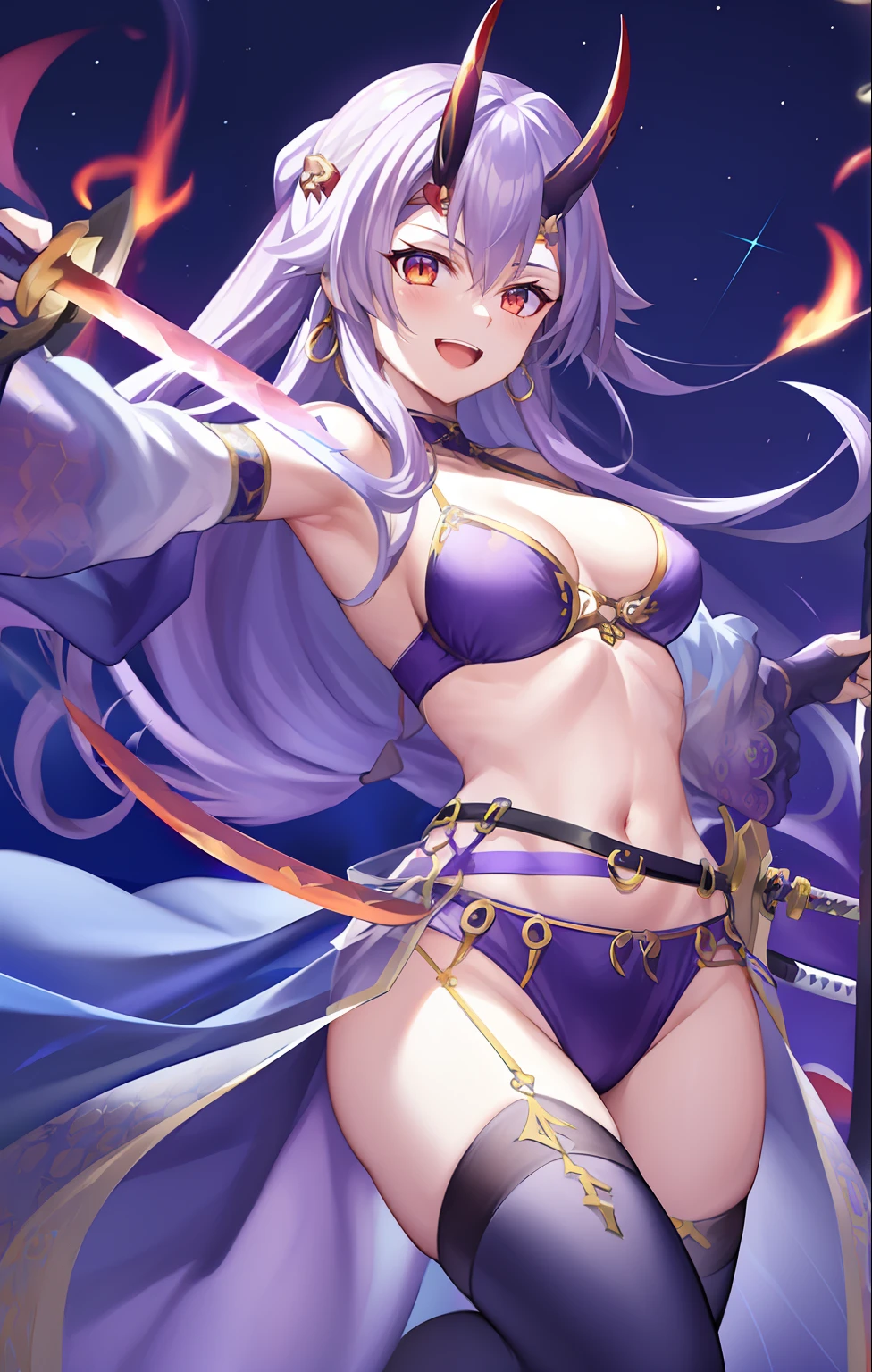 AscensionS2, SecDressing, 1girl, weapon, open mouth, sword, fire, holding, looking at viewer, solo, holding weapon, thighs, holding sword, blue fire, flaming sword, flaming weapon, smile, katana