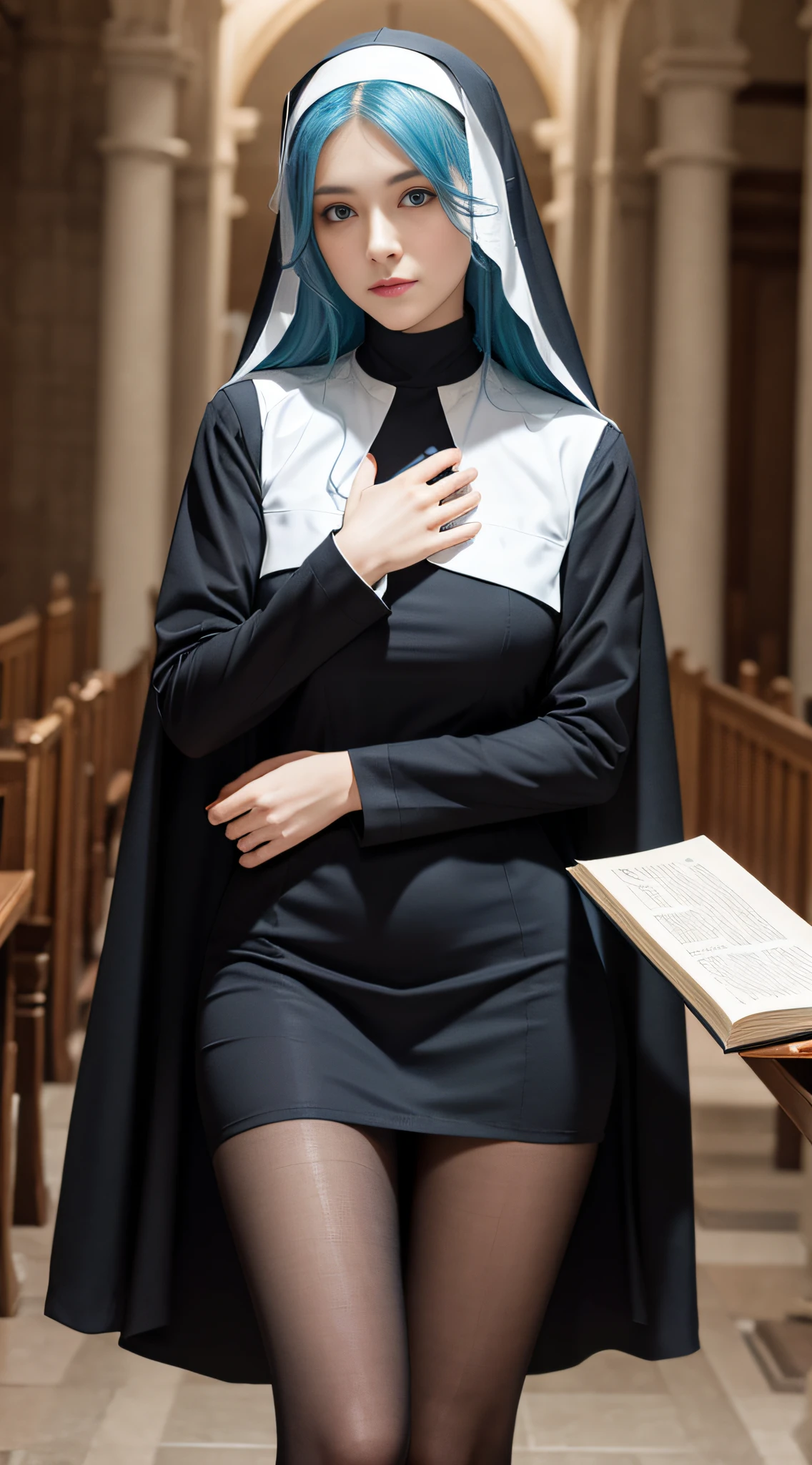 Beautiful goth 18 years old girl. Cute face. Smile. Big lips. Nun uniform. See through outfit. Church background