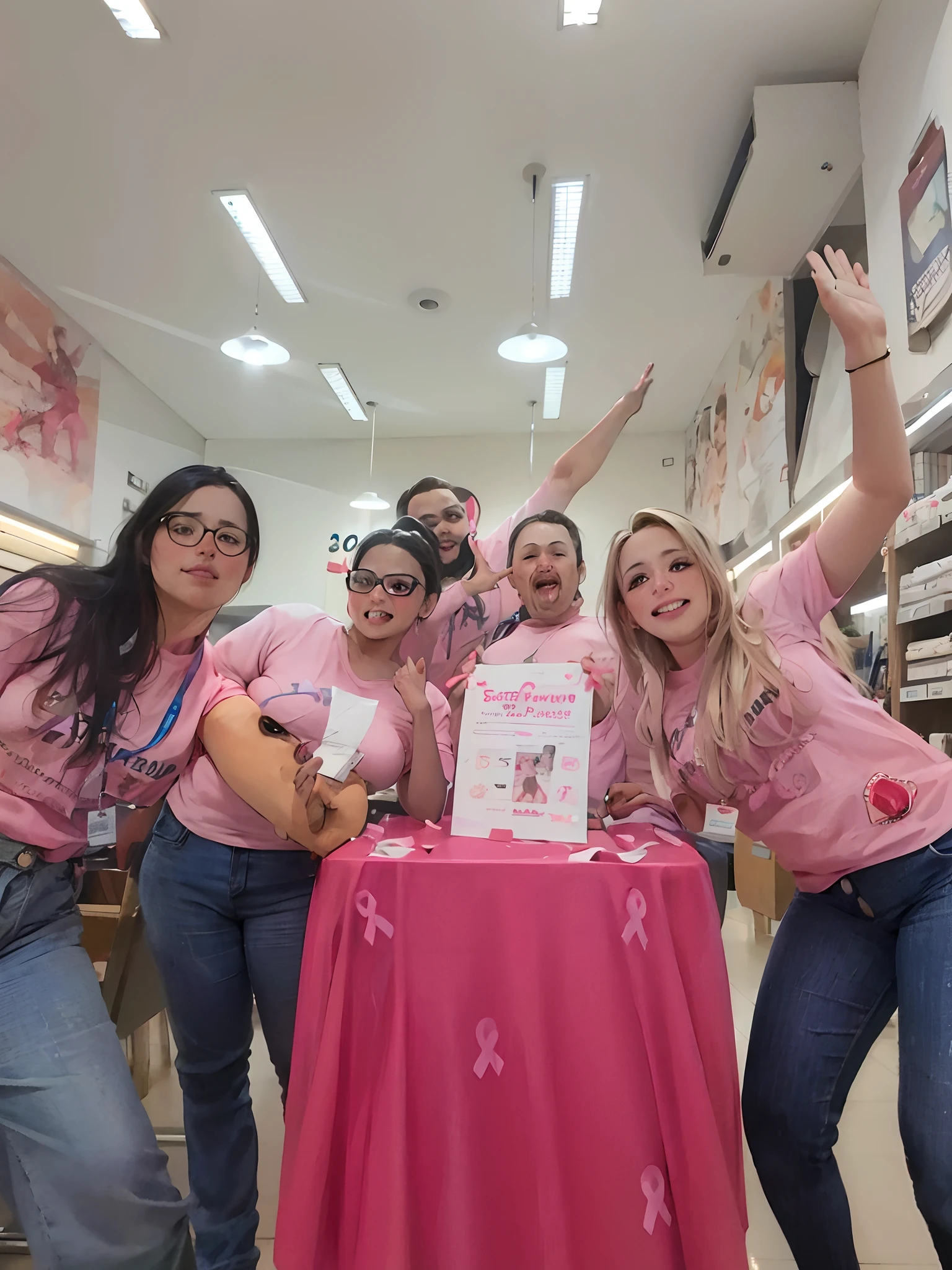 several women in pink shirts posing for a picture with a table, pink power, by David Ruby, by Matteo Pérez, by Gina Pellón, by Nándor Katona, essence, valentina remenar, by Fernando Gerassi, by Barbara Longhi, by Amelia Peláez, by Gabriel Ba, posing for the camera, in sao paulo