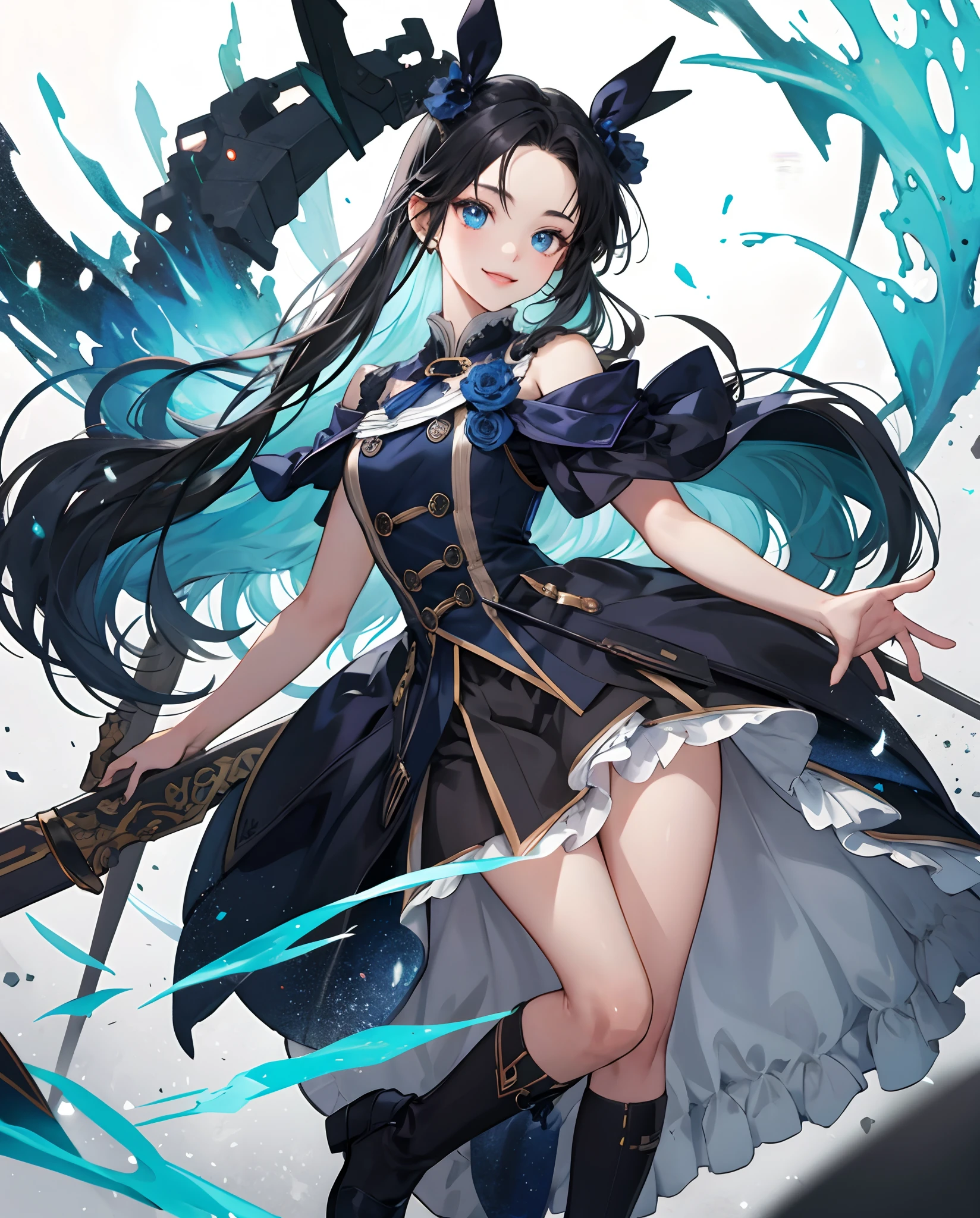 masterpiece、top-quality、超A high resolution、2D Beautiful Girl、animesque、s girl、The long-haired、Black ribbon、Beautiful blue eyes、The clothes are also depicted in detail、Eyes are depicted in detail、The face is depicted in detail、sorcerer、soio、Full body front、Gentle smile、hair adornments、animesque、illustratio、