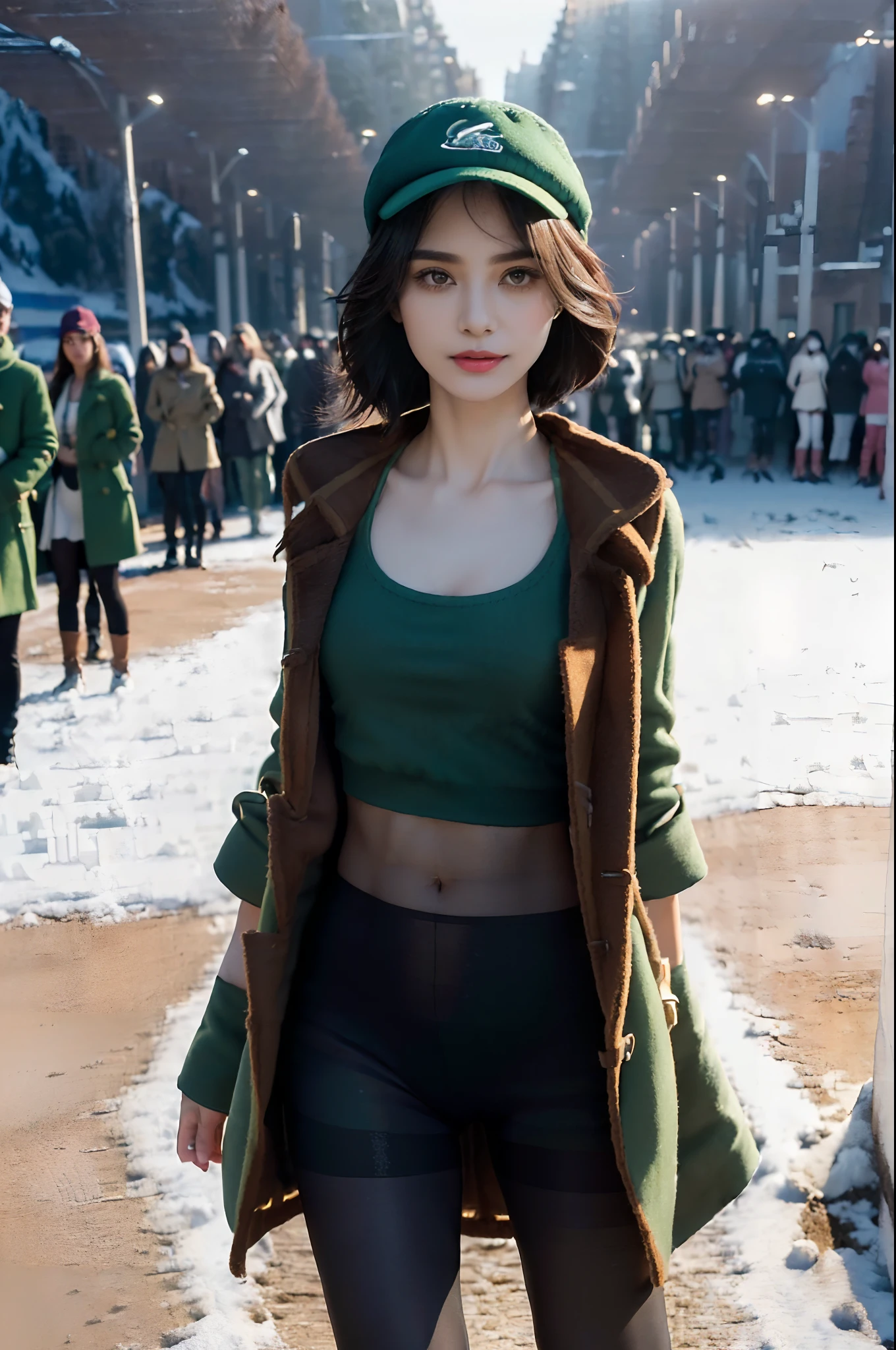 (shoulder length straight black bob hair:1),((((8k))),(Extremely meticulous CG) ,(wallpaper),16k,(Extremely refined and beautiful），（Masterpiece:2.0），（best qualtiy:2.0），（Ultra High Resolution:2.0），beautiful light up，Perfect lightning，realistic shaded，[A high resolution],(Smooth and flawless fair skin:1.5),Extremely exquisite facial details,(perfect body：1.1),ultra - detailed,A beautiful girl,small head,(Green baseball cap:1.3),small face,Exquisite makeup,Red lips,(Small breasts:1.1),Flat chests，slim，thin,happy Smile,(Brown woolen coat:1.5),(underneath the coat is white tank top and pantyhose:1.4),(black sneakers:1.3),(nightfall:1.5),Sunset light,(Surrounded by a crowded crowd:1.5),At the school gate,from front,snowscape,rime,looking at viewer,Clavicle,cleavage,Abdominal muscles, navel,full body